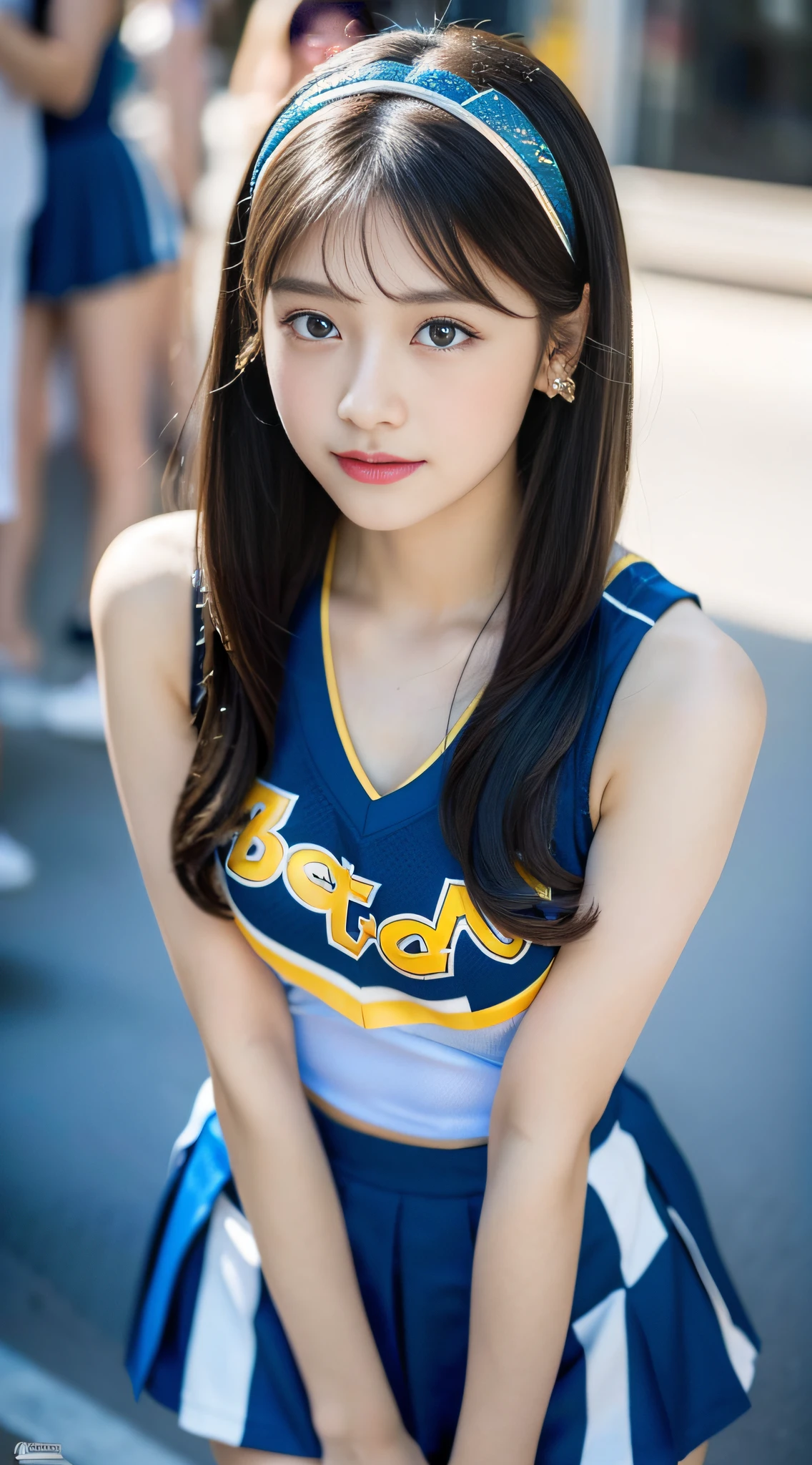 (Best Quality, master piece, Ultra high resolution, (Photorealsitic:1.4), Raw photo, extremely detailed), cowboy shot, dynamic pose, (1girl, 12-years-old, Japanese idol and the most popular cheerleader, dancing at school festival's stage, upturned ass), (wearing yellow Cheerleader's sleeveless shirt and yellow pleated mini skirt), Holding pom-poms in her both hands, amazingly cute smile, extremely cute face like a Japanese famous idol, amazingly beautiful big black eyes, beautiful black hair, detailed face, detailed hair, detailed body, detailed hands, detailed arms, detailed legs, detailed thighs, detailed toe