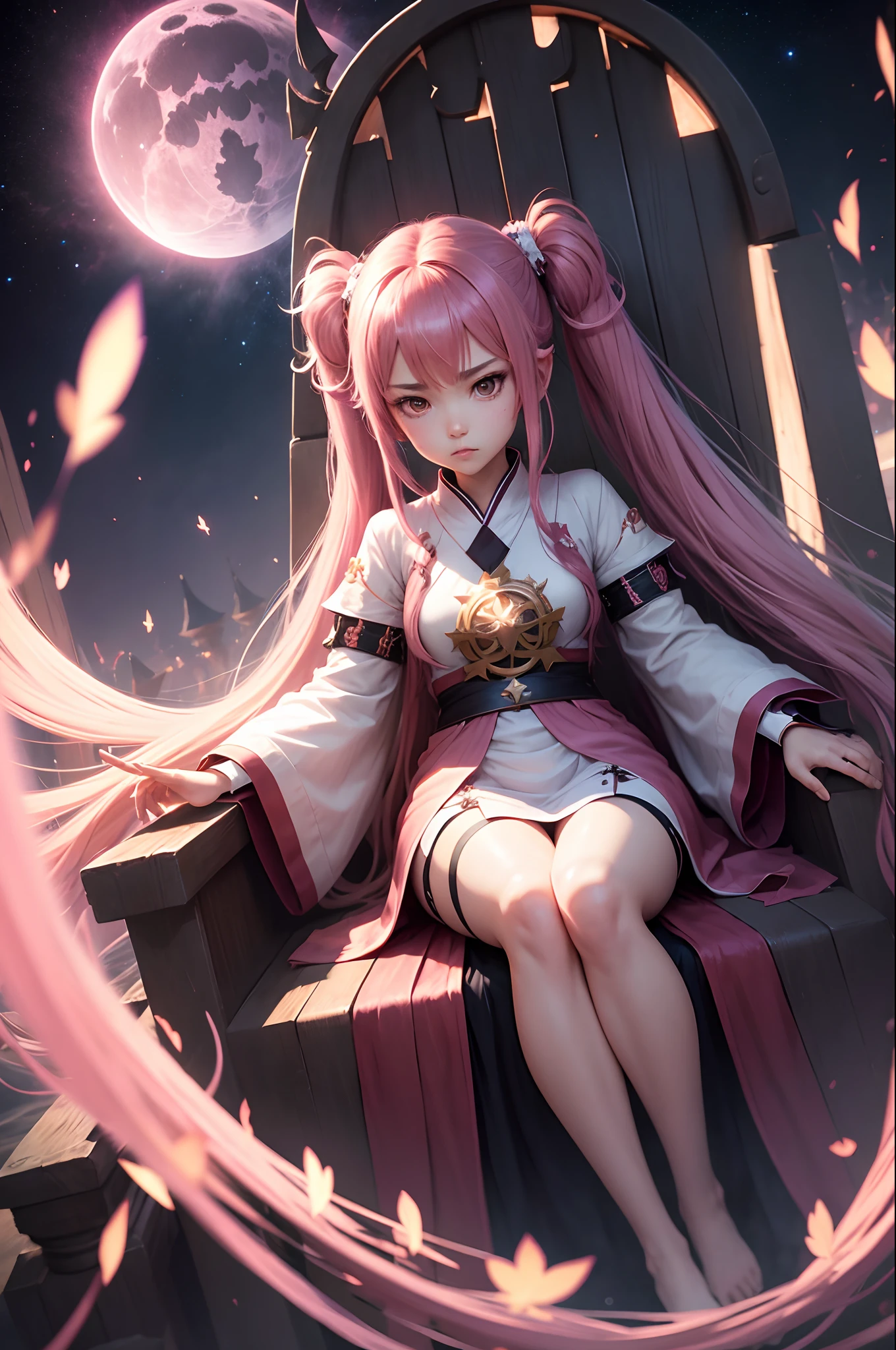 starnight, fullbody, miko, twintails, floating hair, angry, throne, Pink priestess uniform, prison, anime style, anime, drop shadow, best quality, 4K, award winning, super detail, textured skin