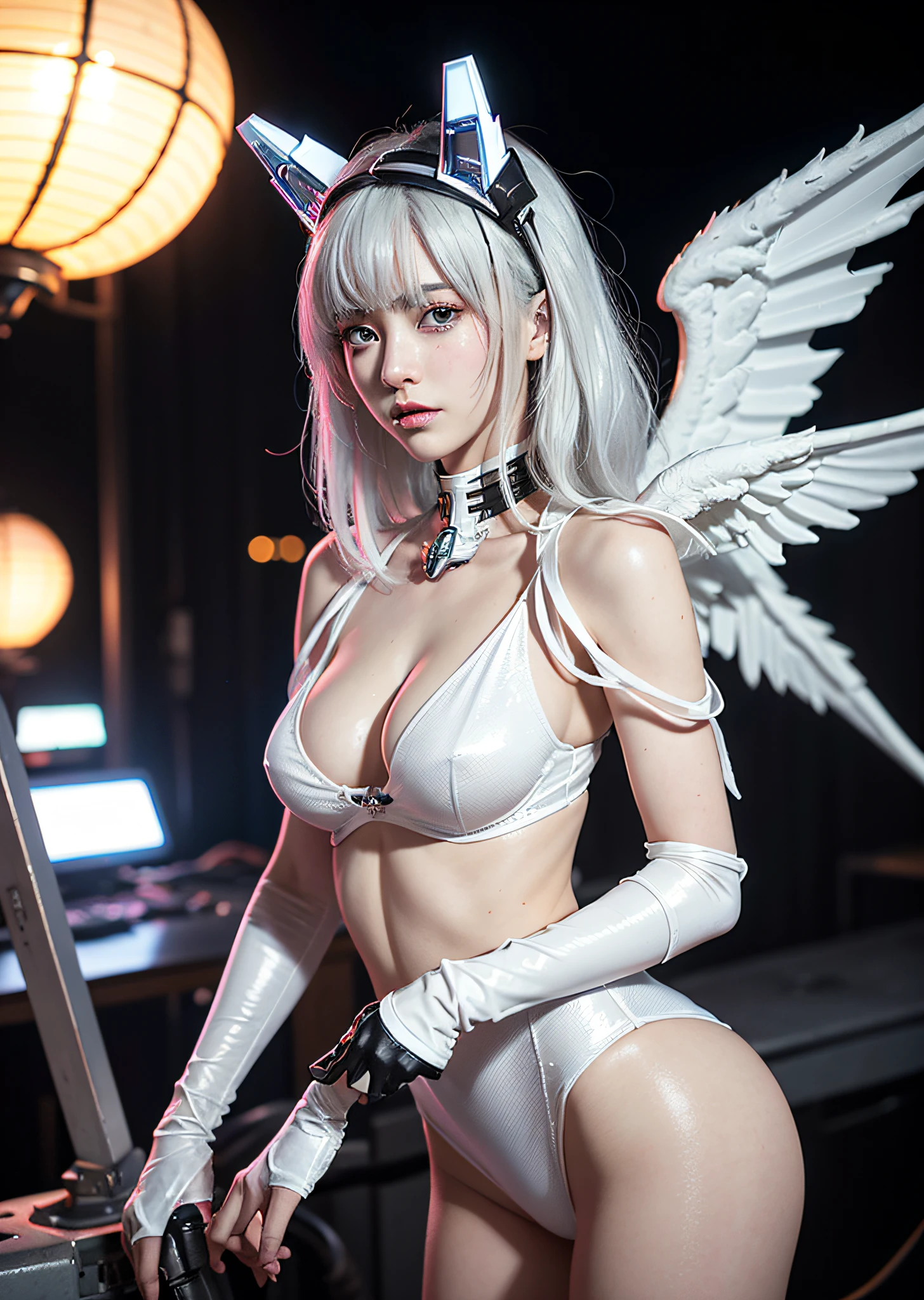 top-quality、masterpiece、超A high resolution、(Photorealsitic:1.4)、Raw photo、Battle Cyborg Angel、large wings made of metal、White porcelain body、Acrylic Clear Cover、white hair、glowy skin、1 Cyborg Girl、((super realistic details))、portlate、globalillumination、Shadow、octan render、8K、ultrasharp、character edge light,Colossal tits、Raw skin is exposed in cleavage、Details of complex ornaments、Double Zeta Gundam Details、Hydraulic cylinder、Small LED lamp、highly intricate detail、Realistic light、a purple eye、radiant eyes、Facing the camera、neon details、cowboy shot、Futuristic headgear、About Cyberpunk、、