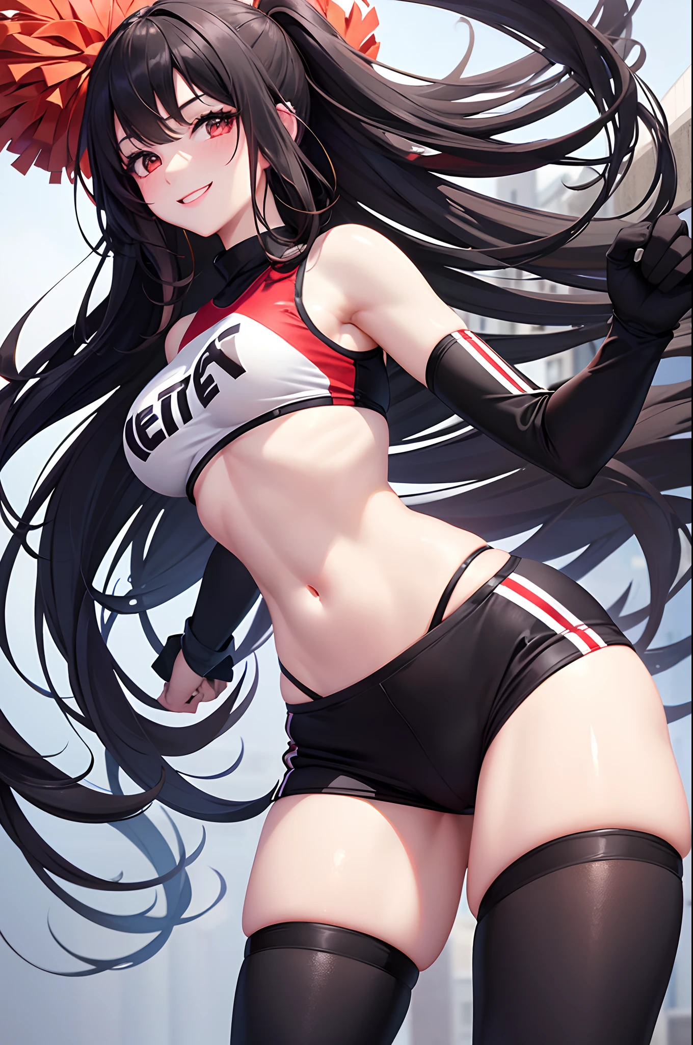 1 girl, cheerleader outfit, long black hair, red colour eyes, smiling, excited, beautiful, pale skin, perfect body figure, normal breast 1:3, cute
