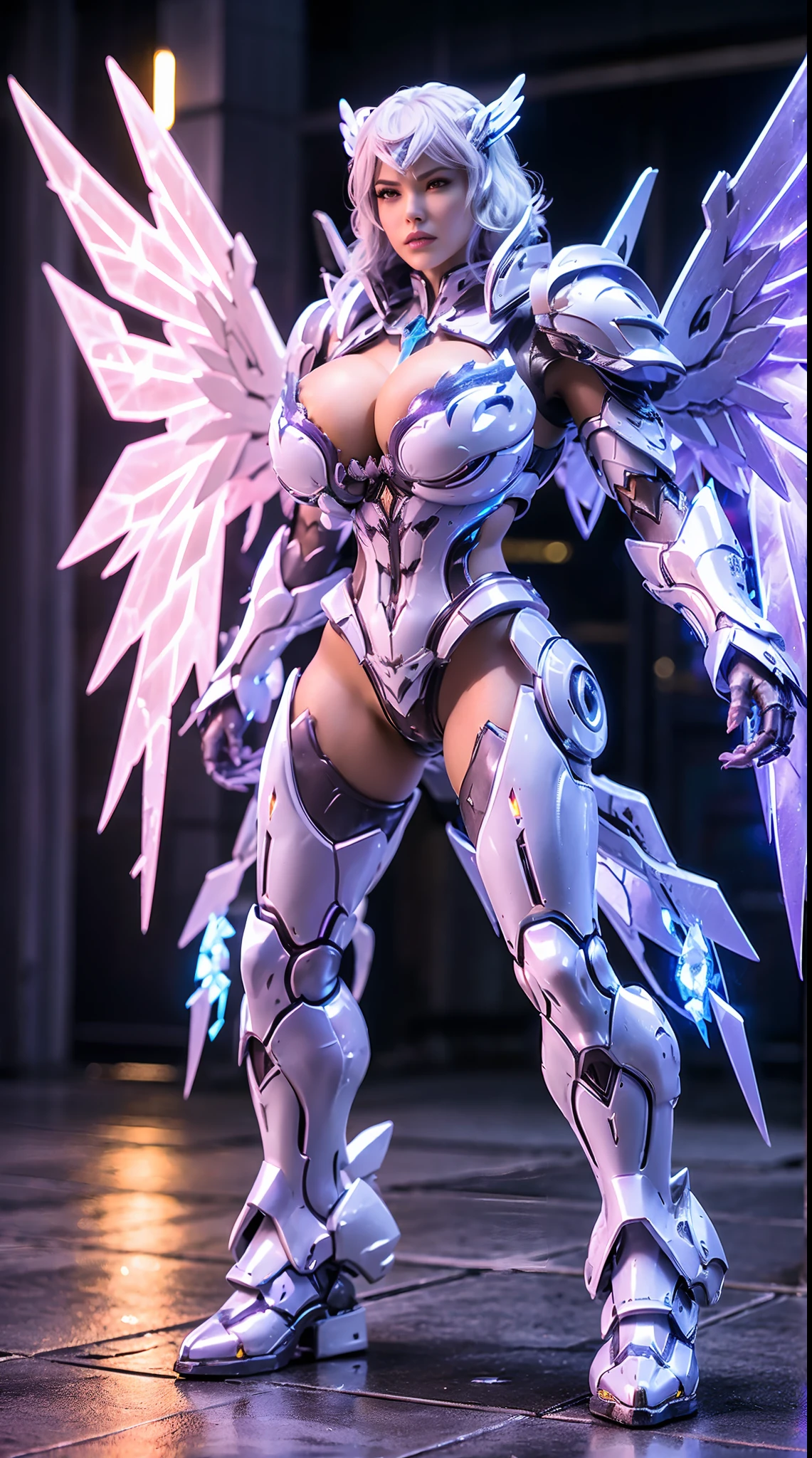 HUGE BOOBS, ICE PHOENIX, MECHA ARMOR FULL SUIT, (CLEAVAGE), (A PAIR LARGEST WINGS), TRANSPARANT, TALL LEGS, STANDING, SEXY BODY, MUSCLE ABS.