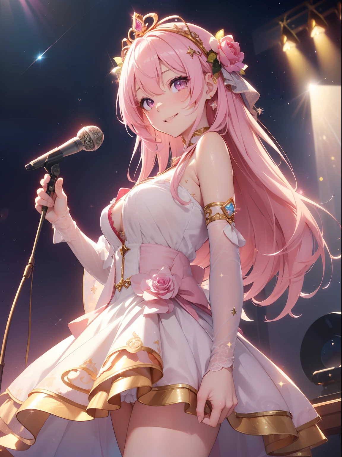 masutepiece, High resolution, 8K, anime woman, Delicate and detailed writing 、Detailed digital illustration、Very long hair and shiny、Bangs、a very beautiful woman、Eyes are double, Large, Bust is D cup、High image quality, High quality、Detailed background、(((Wear idle clothes)))、(The inside of the eye shines like a diamond、Light pink hair、Gradient pupil、(((2 arms、4 fingers, 1 thumb)))、Detailed female face、Very beautiful and cute woman、、细致背景、masterpiece、Soft Focus , Bright gradient watercolor , Lens Flare , (((Glitter))) , Glow , Dreamy , 、Less exposure、Nothing at hand、Idol、Pink ribbon、Very beautiful red rose hair accessories、Pink and gold outfit、White is the main costume、((Big smile))、((Macro for the eyes))、(((natta、starrysky)))、(((Microphone in hand)))、Bandstand、piece