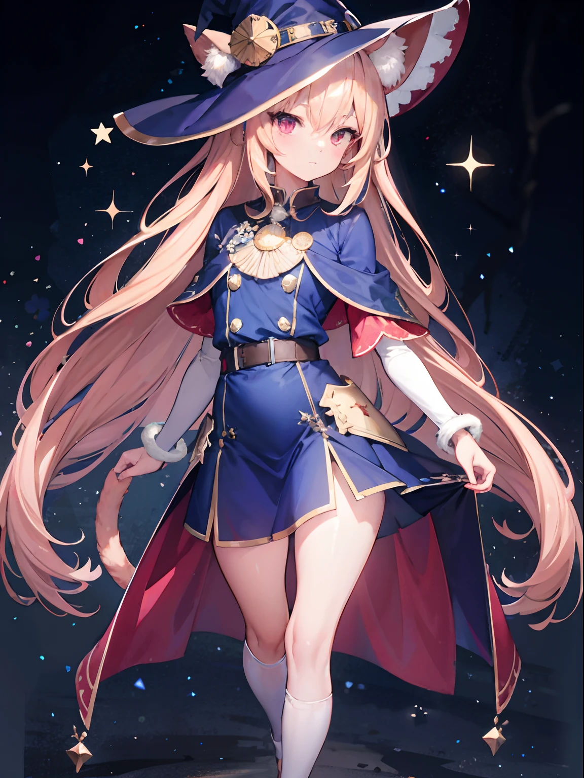 tmasterpiece,best qualtiy,A high resolution,The is very detailed,detailedbackground,1girll,standing on your feet,Short stature,face expressionless,Cat ears,A cat's tail,Long khaki hair!!,Crimson eyes!,short- sleeved,,Blue magic robe,Witch hat,Puff sleeves, , Silent night,Brilliant starry sky