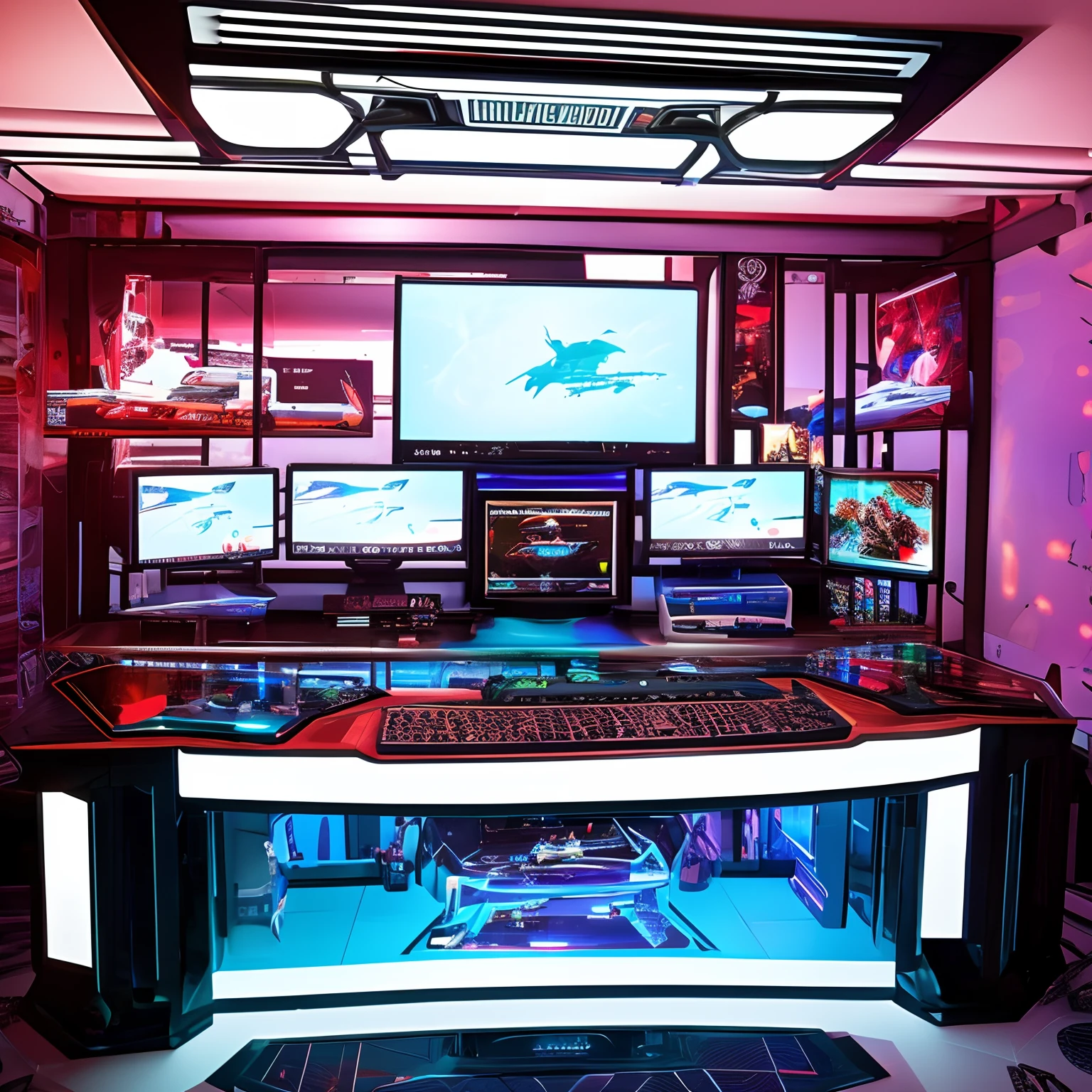 Gaming zimmer mit 3 Monitore vollen gaming PC 4k grafic Dachboden led stripe cyberpunk space Optik sternen Himmel leicht dunkler Raum Maus Tastatur futuristisch
