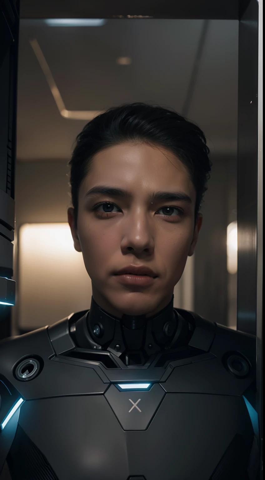  Man wearing a black Robot armor, Full Metal body, ，Male, Iron garments：1.5)，（Metallic body, cybernetic neck implant, portrait of a futuristic robot armor：1.3）（dystopian sci-fi character, sci - fi character, portrait of a cyberpunk cyborg：1.2）（8K，Extreme detail，Hair in extreme detail，Ultra photo realsisim，cinmatic lighting：1.1)