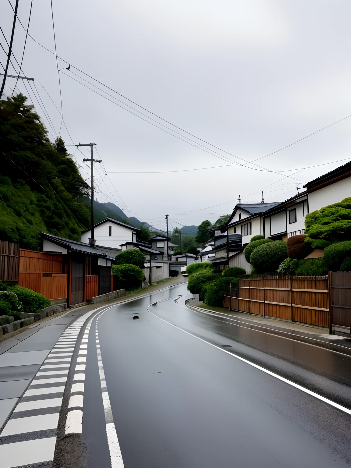 There is a street，There is a yellow line next to it, hilly road, residential area, photograph of the city street, sloping street, Japan rural town, japanese town, house and road, countryside in japan, small town surrounding, nice slight overcast weather, empty road in the middle, japense village in background, rainy streets in the background