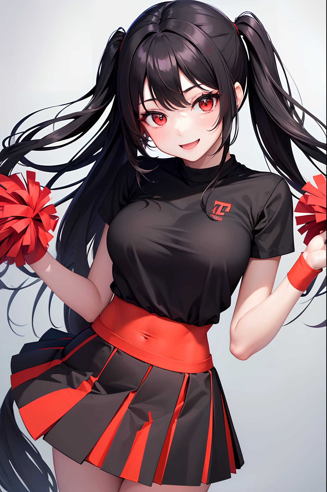 Anime girl with long black hair and red gloves holding a pom pom ...