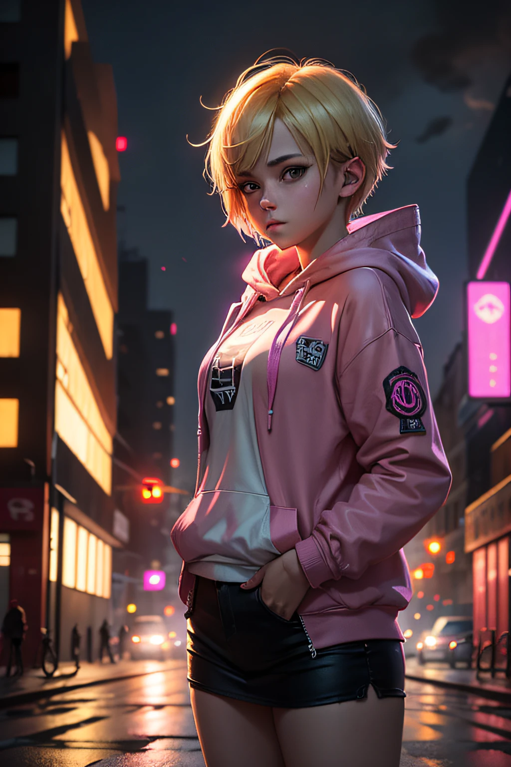 burning buildings, neglected city, cyberpunk, short hair, blonde hair, girl, 18 years old, wearing hoodie, open pink hoodie, small tits, beautiful face, holding a rifle:1.5, city street, cyberpunk, neon lights in the dark, city on the background is burning, 16k