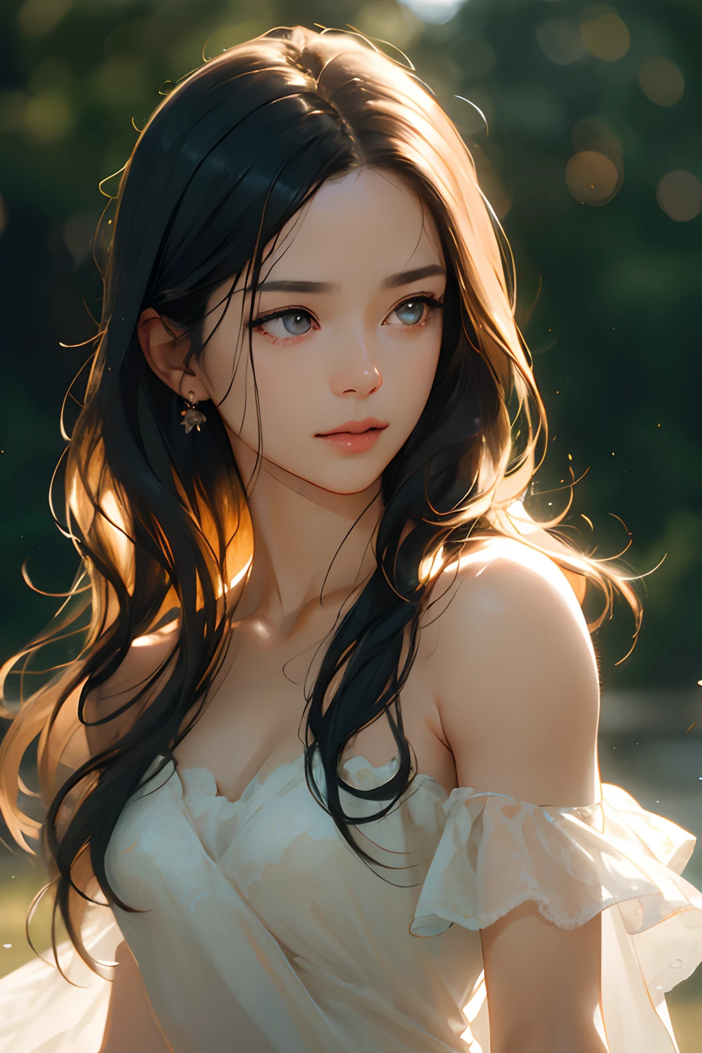 high-level image quality、Film Portrait Photography, 1girl in, Bare shoulders, Wavy shoulder-length hair, Serene, Calm, (Realistic detailed eyes, Natural Skin Texture, Realistic face details), Soft dramatic lighting, depth of fields, Bokeh, vibrant detail,  hyper realisitic, 35mm Film, Hazy blur, filmg,