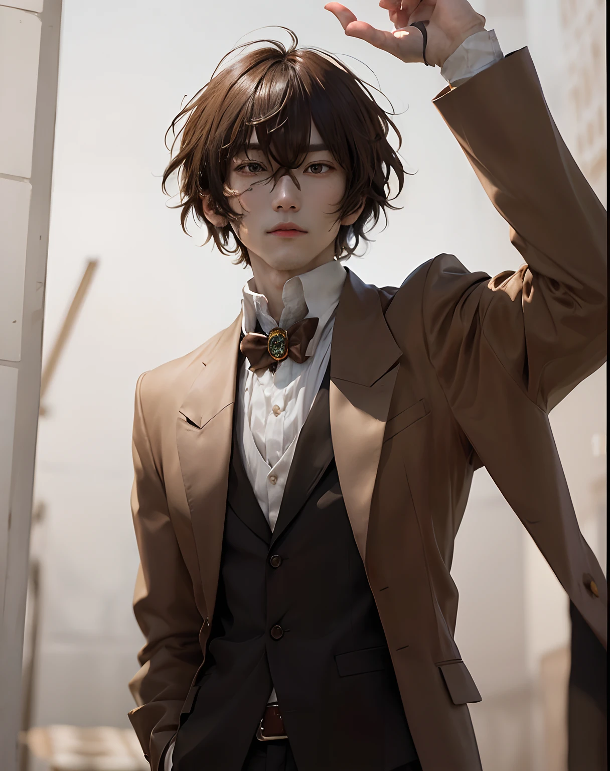 (masterpiece、top-quality:1.2), The upper part of the body, 独奏, Male Focus, 1boy, dazai osamu, deadpan, Brown jacket, Brown eyes, realistic ultra detail 7mm