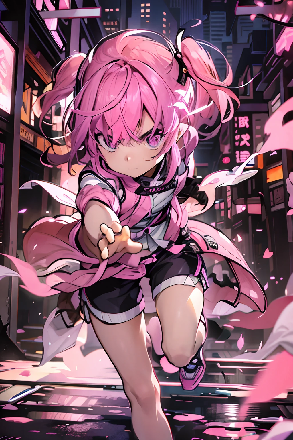 A pink-haired、Pink jacket、Black shorts、Eye of Fire