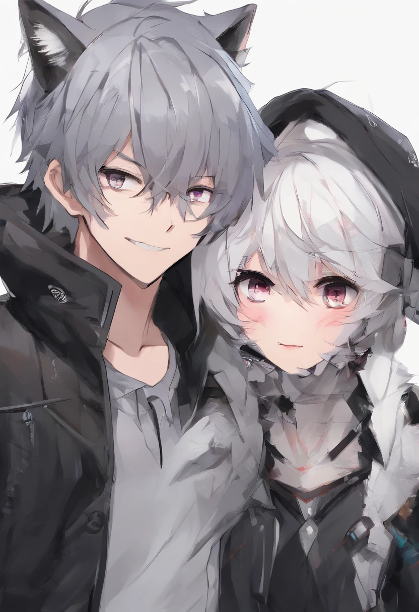 Absurd, High, Ultra-detailed, extremely detailed eyes, (official arts, beautiful and aesthetic: 1.2)+, (1girl)+,(1boy)+, Extremely detailed, (s fractal art: 1.3)+, Colorful, The most detailed, Detail art, super-detailed, 150mm analog lens, complex details, A hyper-realistic, super-detailed, Octane rendering, постпродакшн 8k, iridescent colors, night time, (Realistic, photo-realistic)1.4, (((1girl)+), (((1boy)+)), Girl, (black and white hair)++, wolf ears, half of the hair is black, half of the hair is gray, two-tone hairstyle, Hip length, white colored hair, 2 hair tones, 2 hair colors),(1boy, white colored hair, pony tail, pony tail, cat ears,)+ Mercenaries, tavern, Fantasy, Evil smile, Volumetric soft light, lilac eyes, gray eyes, (Masterpiece, Best Quality, High Resolution: 1.4)+, Detailed, complex details, 4k, full height, (2 characters)++, romance, night time, Stars, Detailed background