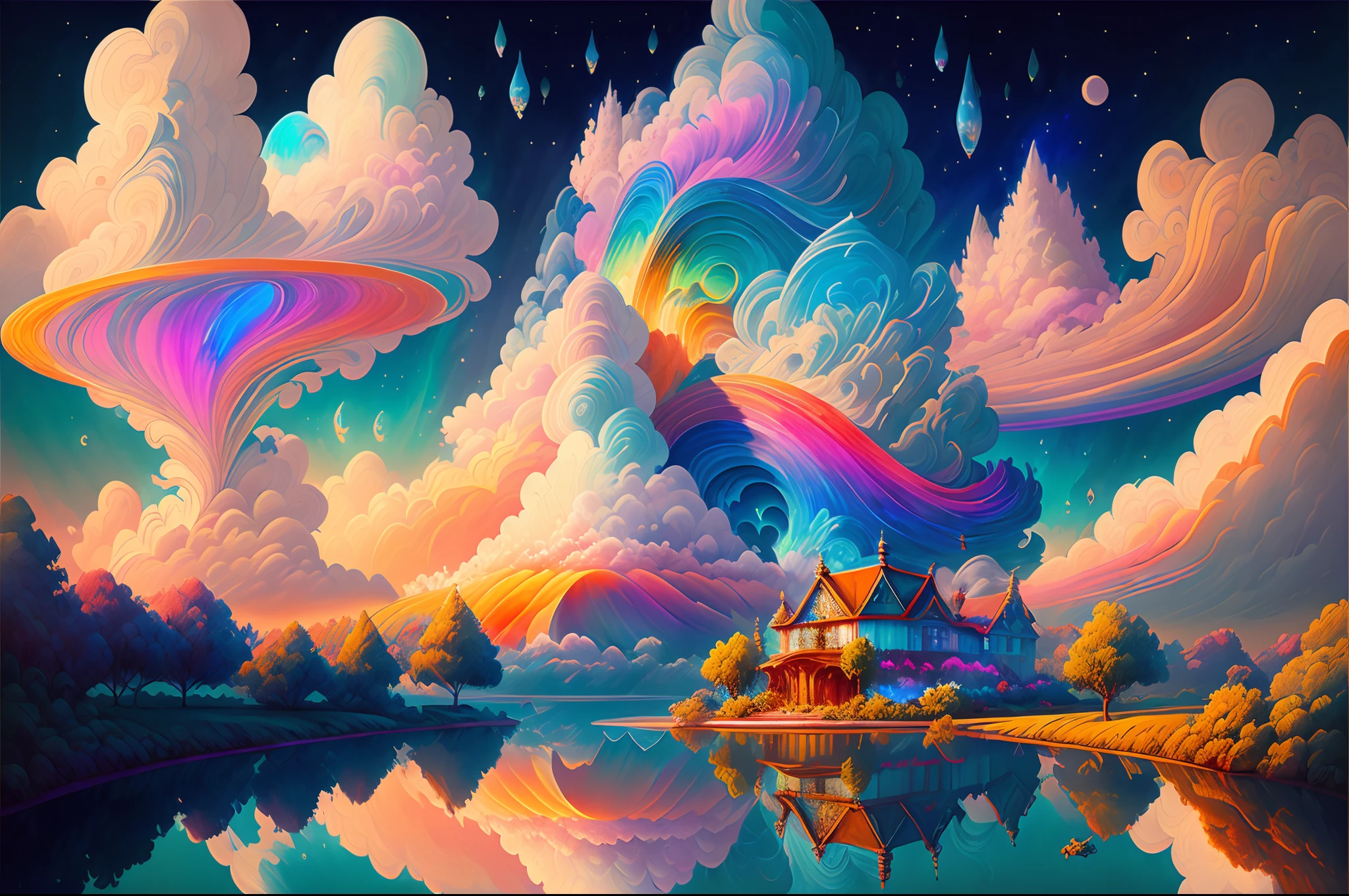 (Best quality), (masterpiece:1.3), Fantastic Magic World, Psychedelic clouds, Iridescent clouds, Scenic center, colored clouds, water reflections,