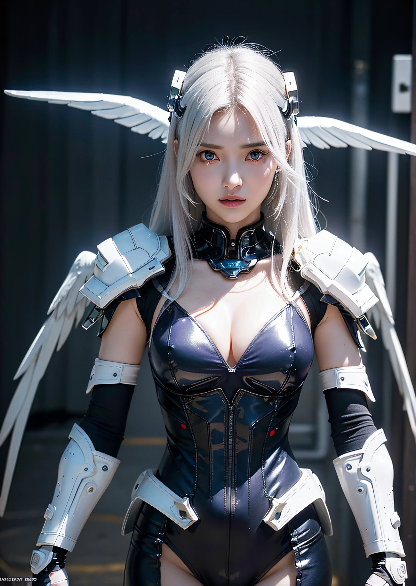 top-quality、​masterpiece、超A high resolution、(Photorealsitic:1.4)、Raw photo、Battle Cyborg Angel、large wings made of metal、White porcelain body、Acrylic Clear Cover、white  hair、glowy skin、1 Cyborg Girl、((super realistic details))、portlate、globalillumination、Shadow、octan render、8K、ultrasharp、character edge light,Colossal tits、Raw skin is exposed in cleavage、Details of complex ornaments、Double Zeta Gundam Details、Hydraulic cylinder、Small LED lamp、highly intricate detail、Realistic light、a purple eye、radiant eyes、Facing the camera、neon details、cowboy  shot、Futuristic headgear、About Cyberpunk、、