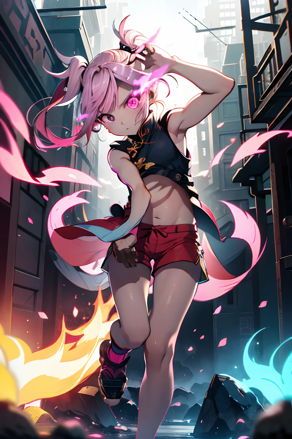 pink there、chinese clothes、sleeveless、shortpants、blunt bangs、Short ponytail、Side Up、Photorealsitic, hight resolution, 1 rapariga, Korea person, Eye of Fire
