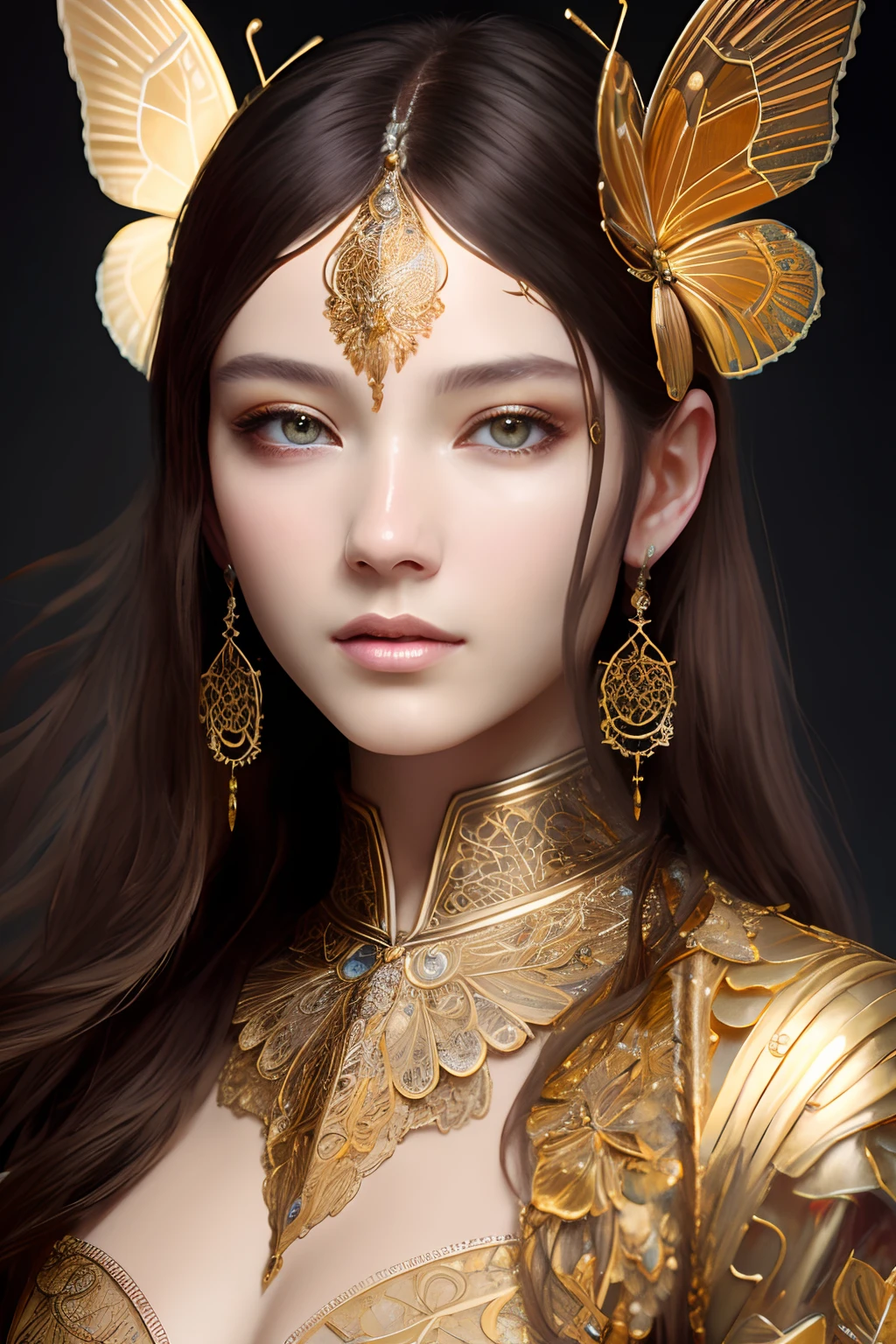 8k portrait of beautiful cyborg with brown hair, intricate, elegant, highly detailed, majestic, digital photography, art by artgerm and ruan jia and greg rutkowski surreal painting gold butterfly filigree, broken glass, (masterpiece, sidelighting, finely detailed beautiful eyes: 1.2), hdr