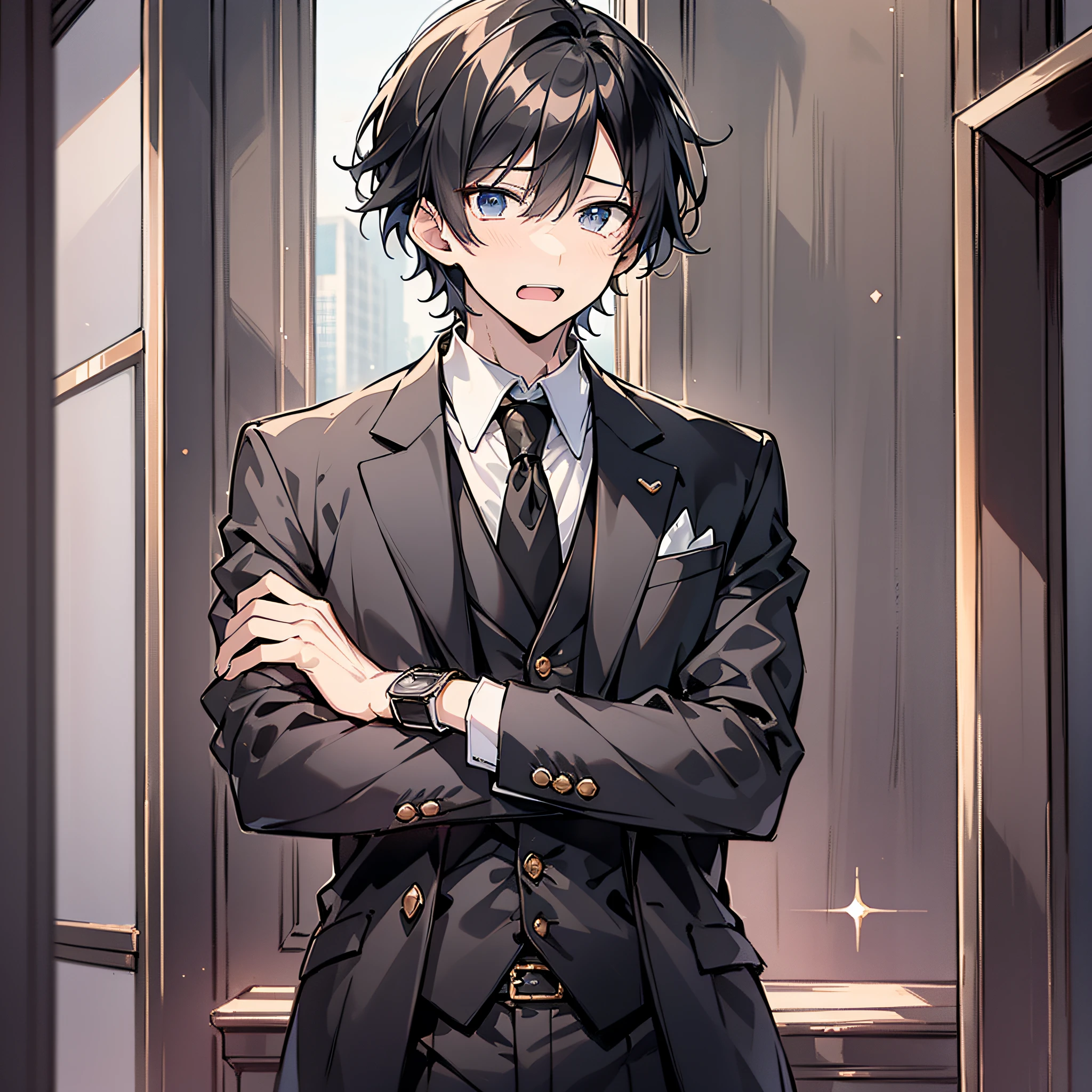 30 years old anime mature man，Short black hair 1.5，wearing black suits，Standing in the high-end café, his expression was shocked（Surprise 1.5）（Open mouth 1.5）（Background in premium café：1.5），Anime style 4K，Anime rendering，style of anime，8K fineness，（Upper body display：1.5）（Cinematic lighting：1.5）（Handsome anime boy 1.5）