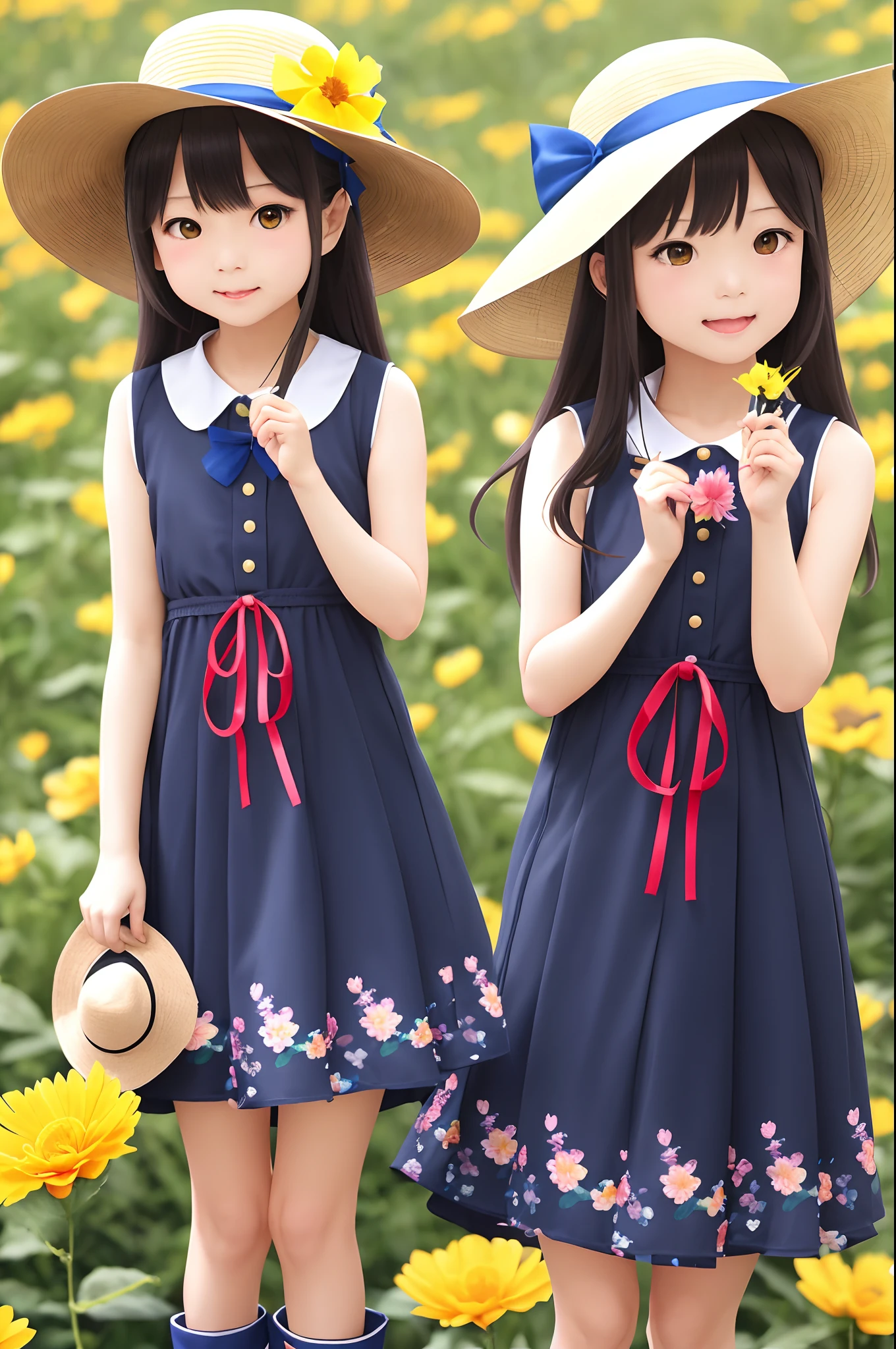 1人、blue ribbons、florals、Hats、Windy, That's why I'm wearing a hat、Yawning face、Longer dress、length hair、brown haired、bow ribbon、Sleeveless、a straw fedora hat、Eye Up、yellow  eyes、florals、There is a flower in the foreground、Petals are fluttering、butterflys々is flying、kawaii pose、I'm wearing cute boots