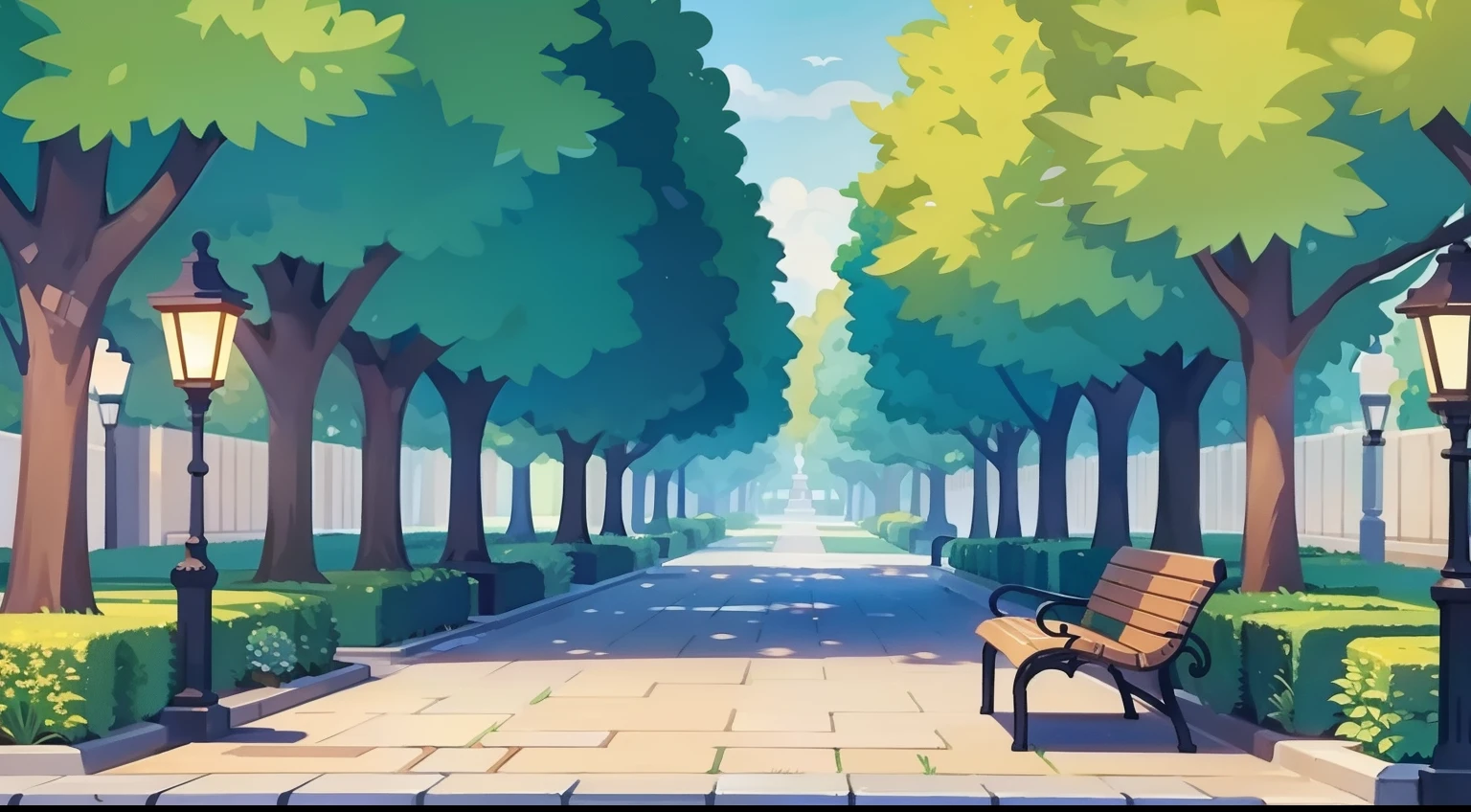 Beautiful park landscape painting、Natural Color、Benches、street lamp