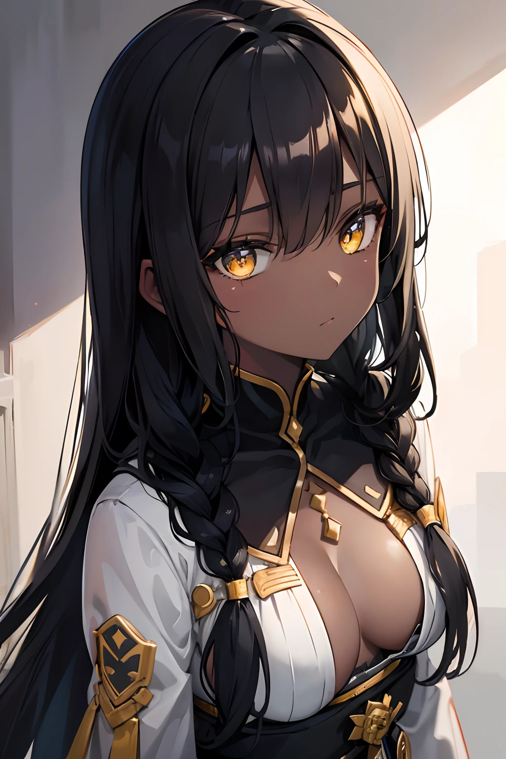 Solo，Black skin，Yellow pupils，Black hair，long whitr hair，Royal Sister，detail in face，The beauty of light and shadow，Braided hair，Raised sexy，Chest cutout