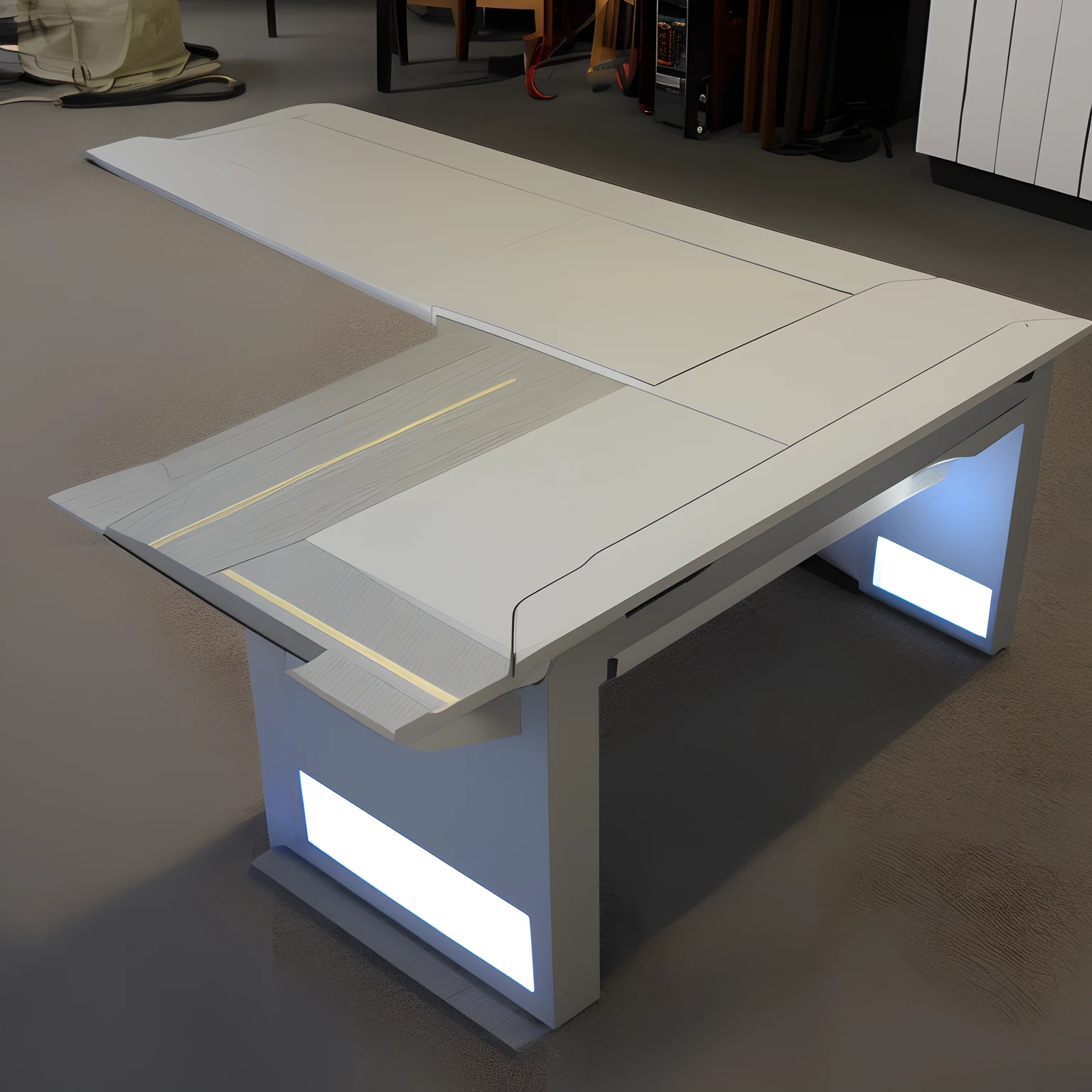 Gaming PC Table 2m Length LED Stripe Sci Fiction Wood Grey Carpet Sloping Attic
