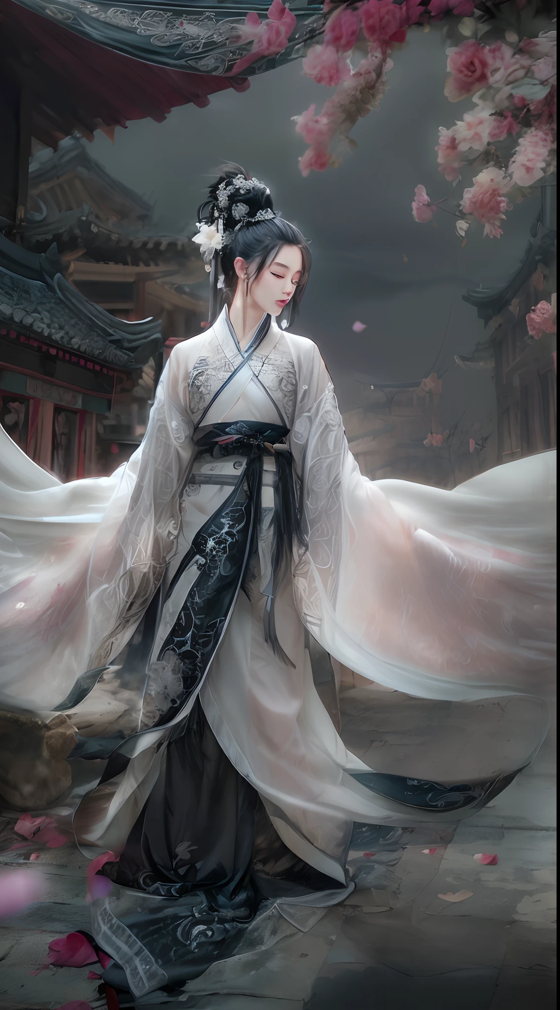 (Best quality,4K,A high resolution,Masterpiece:1.2), Ultra-detailed, Realistic, Black and white hanfu with black embroidery, Elegant white ponytail, long and flowing hair, White mask, A mask fluttering in the wind, Fringed Hair Ornament, Peony flower, Ancient style, oversized sleeves, Dynamic posing, Dramatic composition, Falling petals, red waistband, intricate background, Ancient architecture, A thin mist and thick clouds, Swirling clouds, Cinematic lighting, Complex feather background.