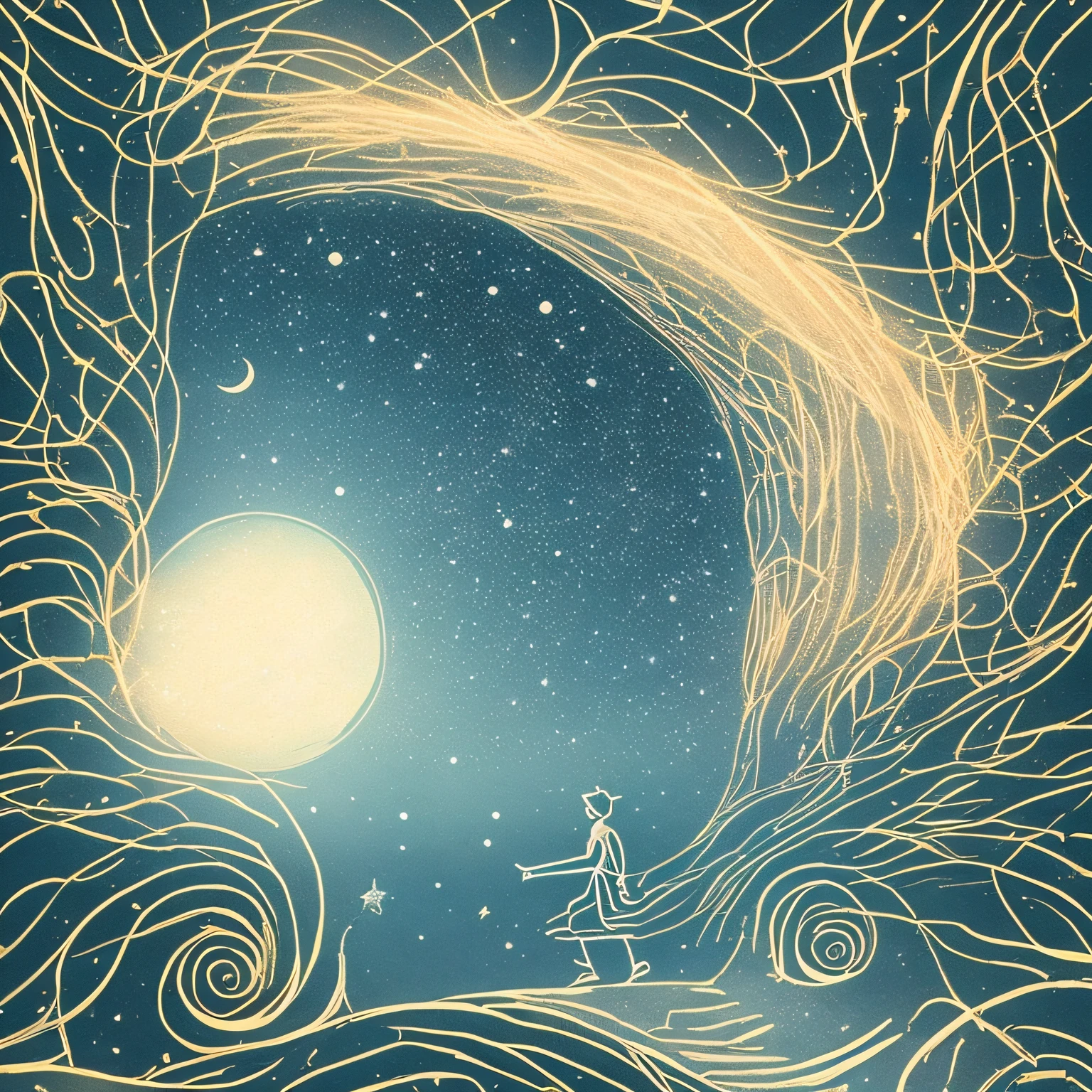 Beneath a vast starry sky, a solitary backpacker walks an old railroad track, guided only by the moon's gentle glow and the constellations above. Each footstep on the wooden ties echoes in the still night, a rhythmic testament to solitude and introspection. Evoking scenes from "Stand by Me," this journey emphasizes the unpredictability of life and the significance of the path over the destination.
The Milky Way, shimmering overhead, seems to chart a cosmic route, hinting at a destiny intertwined with the stars. Amidst the universe's vastness, the traveler, with a loaded backpack hinting at tales of adventures past and yet to come, treads forward, each step a dance between the individual's finite existence and the infinite cosmos. In this quiet journey, a profound truth emerges: amidst life's vast expanse, solo voyages often lead to the deepest self-discoveries.