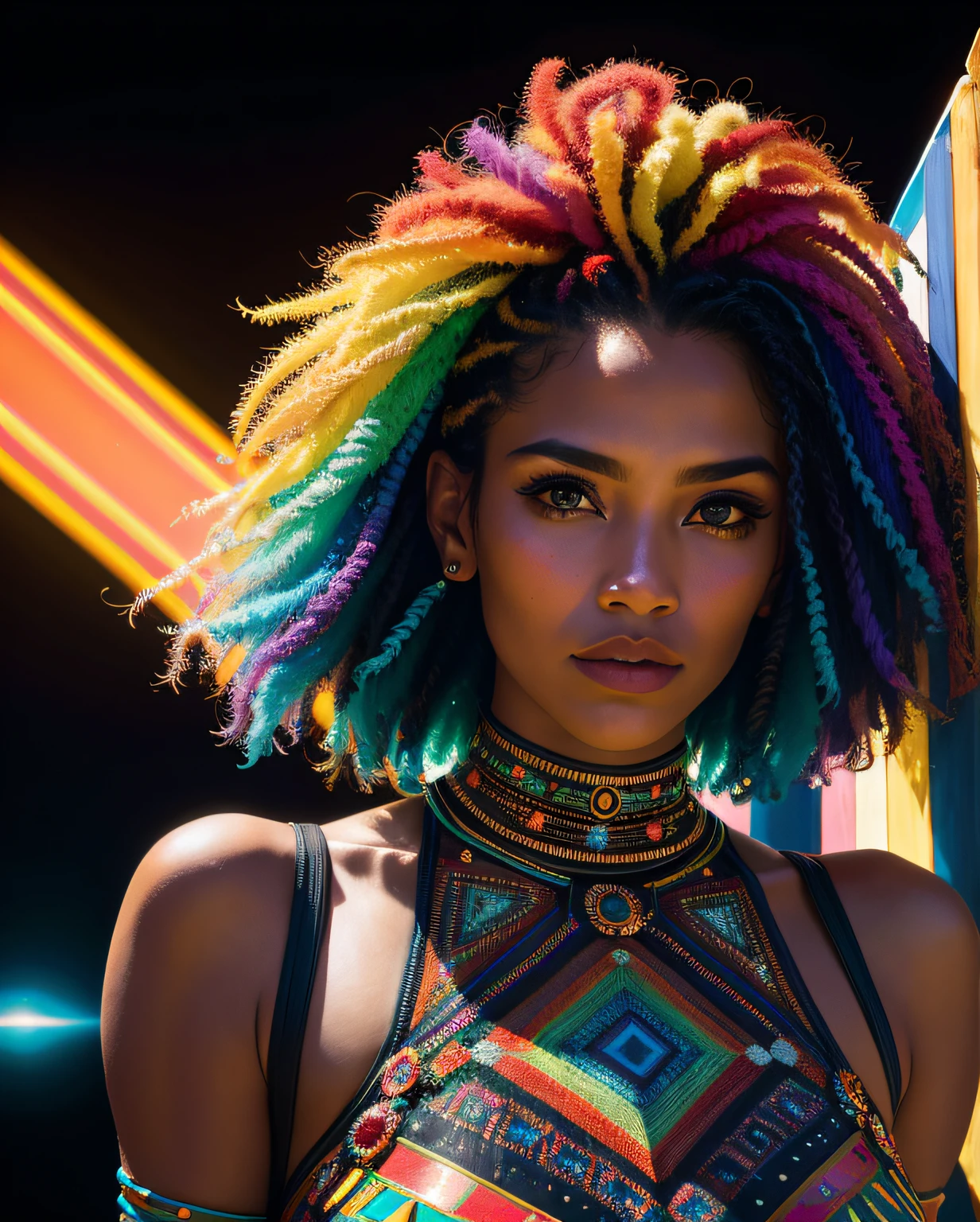 Create a mesmerizing rainbow minimalism impression of space, dancing blending folk & tribal elements. Unleash high imagination to depict celestial patterns amidst ancient symbols. fashion model in a cubism, kaleidoscopic and prismatic dress, bright neon flames, Photorealistic, photo, masterpiece, realistic, realism, high contrast, photorealism, digital art trending on Artstation, 8k HD high definition, detailed, skin texture, hyper-detailed, armature, best quality, ultra-high resolution, (photorealistic:1.4), high resolution, raw photo, sharp re, by Lee Jeffries, Nikon D850 film stock photograph, 4 Kodak Portra 400 camera, f1.6 lens, rich colors, hyper-realistic, lifelike texture, dramatic lighting, Unreal Engine, Cinestill 800.