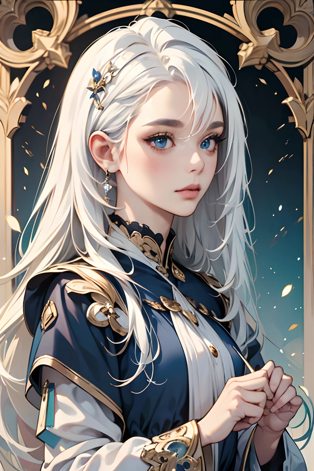 (masuter piece,Best Quality,Ultra-detailed), (A detailed face),1girl in,white hair,length hair,bluntbangs,blue eyess,doress,long-sleeve,Finely detailed eyes and detailed face,intricate-detail,complex pattern,Tiled design,extreme close - up,intricate-detail,Enlarged texture,Stunning clarity,Hidden beauty,artisanal creations,Handmade products,unique designs,intricate detailes,Creative expression,skilled craftsmanship,magazine title,light magic,font,Dagger decoration