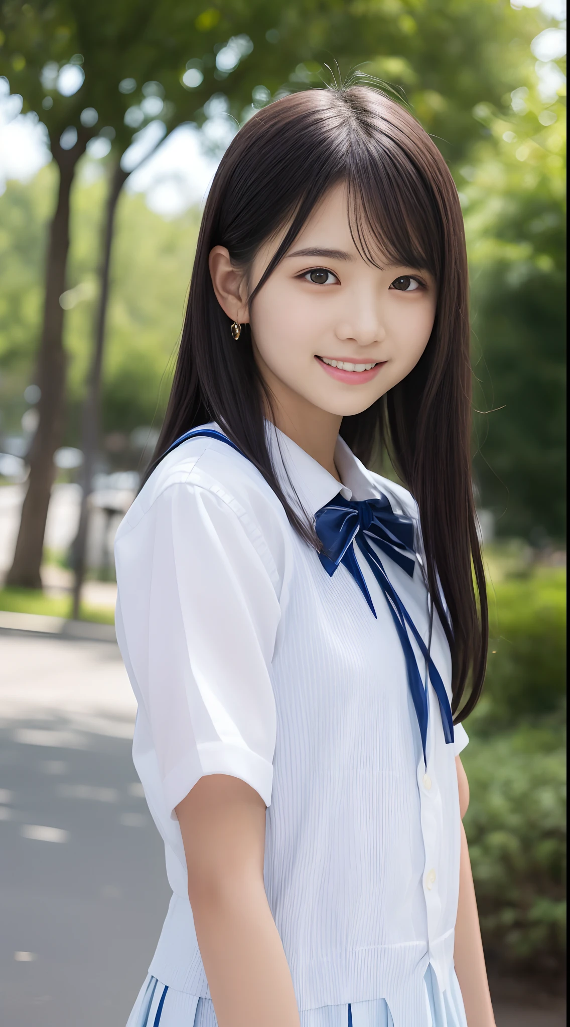 8k,masterpiece,Japanese,9  girl,from the front,smile,cute,innocent face,innocent,gentle eyes,Childish,plain t-shirt,short sleeve,A short blue checked skirt,semi-long,hair blowing in the wind,black hair,Slightly strong wind,noon,bright,A squishy smile、(Wearing a sailor uniform)、 junior high school,Pull up your skirt、Panties are visible、