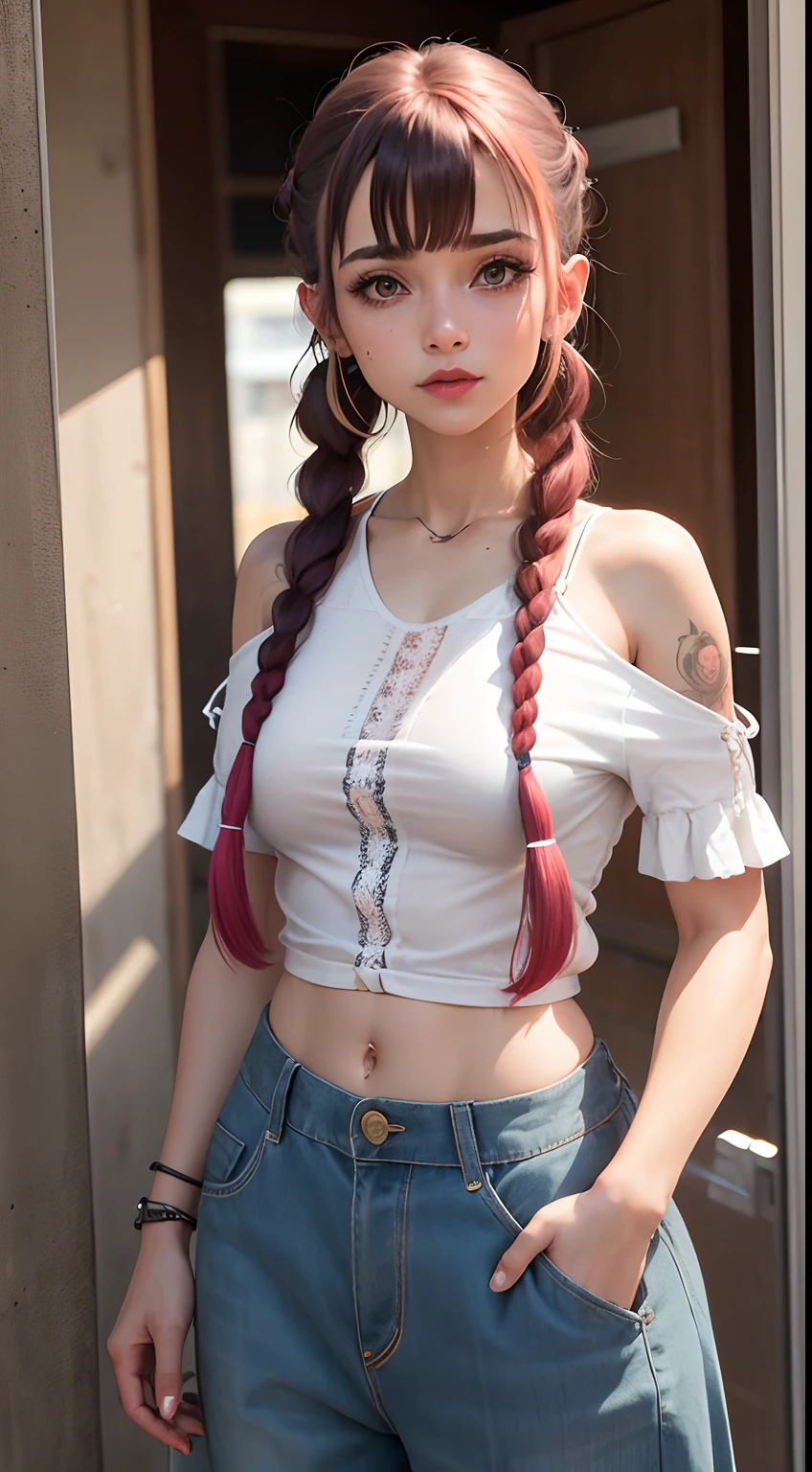 estilo arcano,
1girl, 35 anos, arm tattoo, asymmetrical bangs, franja, cabelo azul, pigtail, Camisa marrom, tatuagem de nuvem, olhando para o espectador, rindo, louco, uncontrollable laugh, olhar louco, noite, Cidade, cabelo verde, cabelo longo, diafragma, olhos rosa, red-lips, Camisa, sozinho, standingn, tatuagem, twin braids, parte superior do corpo, azarar arcano, azarar \(Liga das Lendas\)
