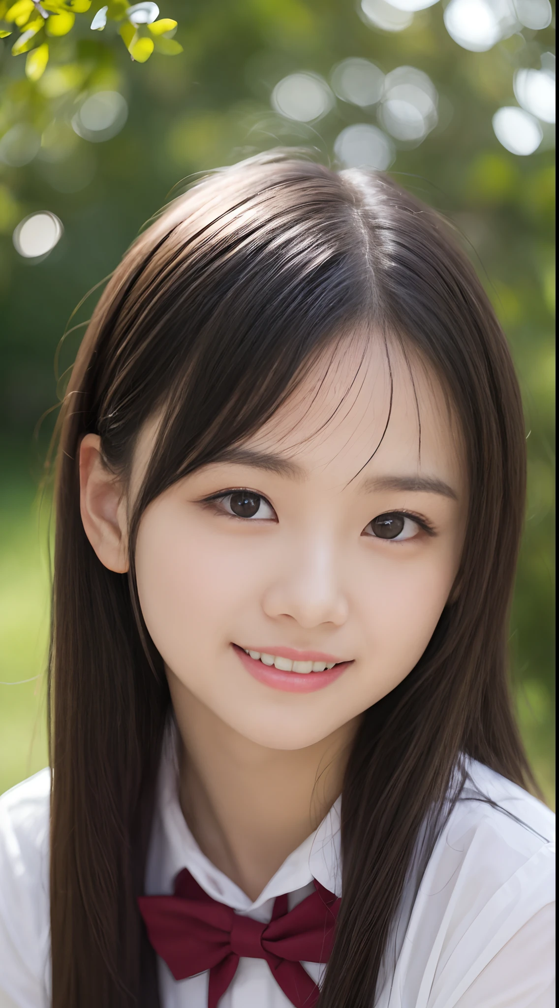 Cute 15 year old Japanese、On the road、Highly detailed face、Pay attention to the details、double eyelid、Beautiful thin nose、Sharp focus:1.2、Beautiful woman:1.4、Align your bangs、Pure white skin、highest quality、masterpiece、Ultra-high resolution、(Realistic:1.4)、Highly detailed and professional lighting、nice smile、Japanese school girl uniform、