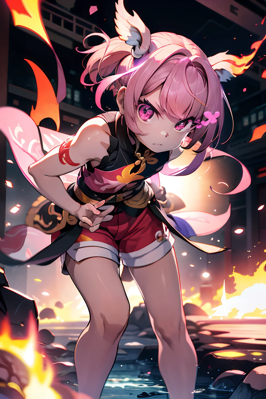 A pink-haired、poneyTail、chinese clothes、Sleeveless、shortpants、Blunt bangs、Short ponytail、Side Up、Photorealsitic, hight resolution, 1 rapariga, Korea person, Eye of Fire