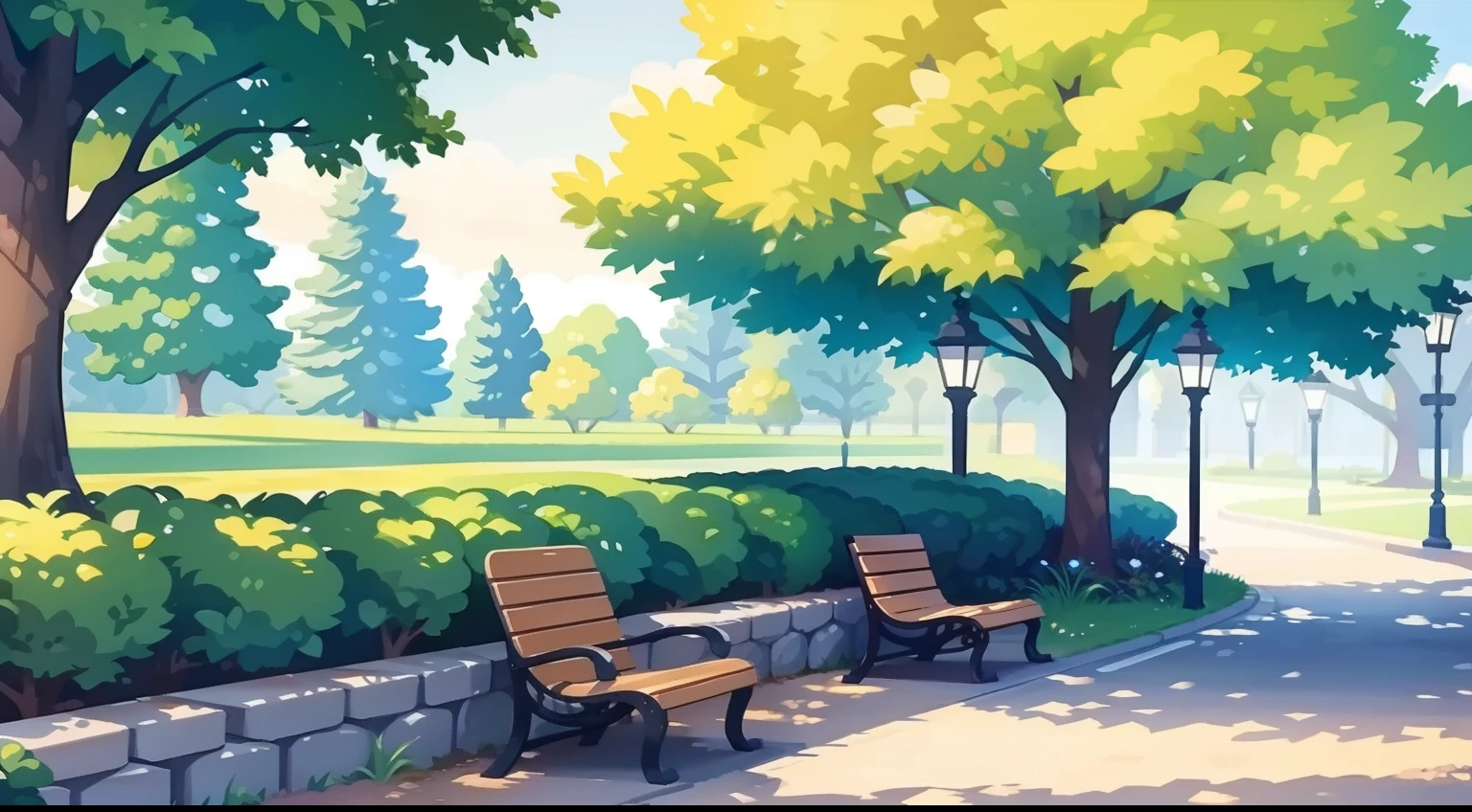 Beautiful park landscape painting、Natural Color、Small bench、street lamp