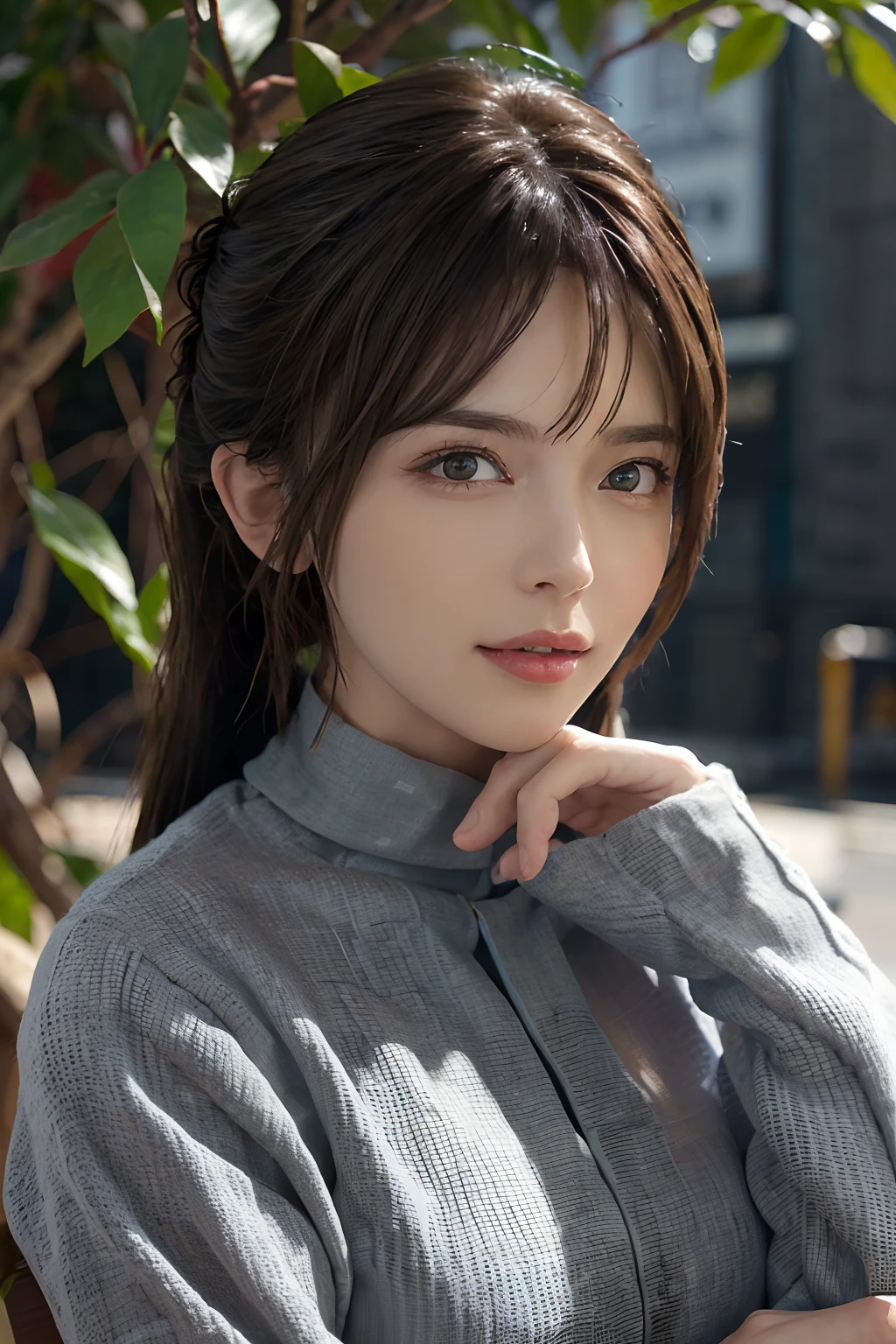 (masuter piece:1.3)、(8K、Photorealsitic、Raw photography、top-quality: 1.4)、(1girl in)、beautiful countenance、(Lifelike face)、(white hair、Medium Hair:1.3)、Beautiful hairstyle、realisticeyes、Beautiful details、(real looking skin)、Beautiful skins、(Blouse)、absurderes、enticing、超A high resolution、A hyper-realistic、high-detail、the golden ratio、Bright sunlight、Short ponytail