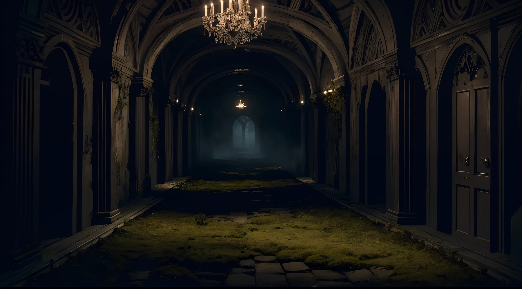 A 200-year-old haunted corridor covered in dust and moss, illuminated by a searchlight at night. The corridor creates an eerie ambience with its asymmetrical structure. The film still captures the haunting beauty of this decaying space. The high-resolution image showcases the intricate details of the weathered walls and the intricate patterns formed by the moss. The realistic lighting and vivid colors add depth to the scene, emphasizing the mysterious atmosphere. It feels like stepping into a forgotten world, filled with whispers of the past.