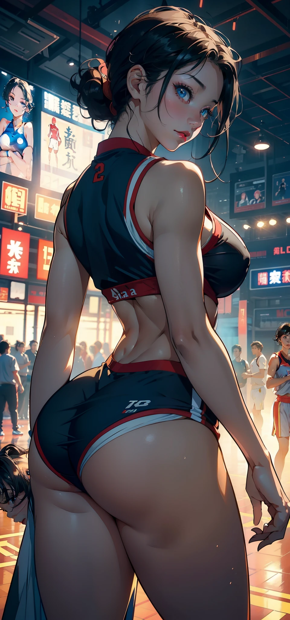 1female，35yo，A MILF，plumw，extremely large bosom， 独奏，（Background with：，Spectacular views，basketball playground）， She has very short black hair，bobo head，Station，，seen from the front， hair straight， mostly cloudy sky，（（（tmasterpiece），（Very detailed CG unity 8K wallpaper），best qualtiy，cinmatic lighting，detailed back ground，beatiful detailed eyes，Bright pupils，Blue eyes，（Very fine and beautiful），（Beautiful and detailed eye description），ultra - detailed，tmasterpiece，））Redlip，facing at camera，A high resolution，ultra - detailed），Camel toes，Desire for dissatisfaction，frontage，Chinese basketball player，（Wearing：Bikini tracksuit，Bare genitalia，Bare breasts，Bare）