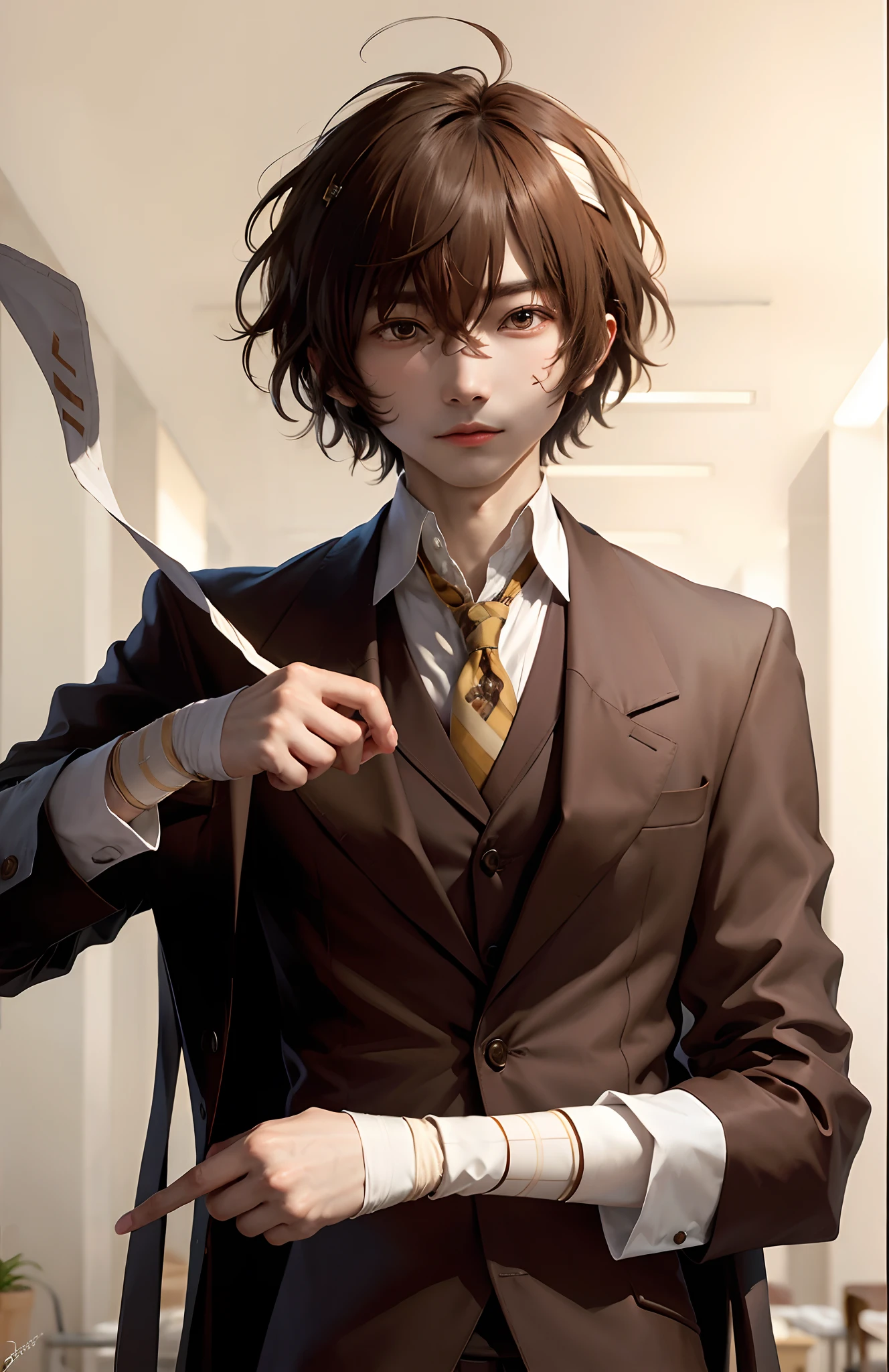 (masterpiece, best quality:1.2), upper body, solo, male focus, 1boy, dazai osamu, expressionless, brown jacket, bandages, Brown eyes, realistic ultra detail 7mm