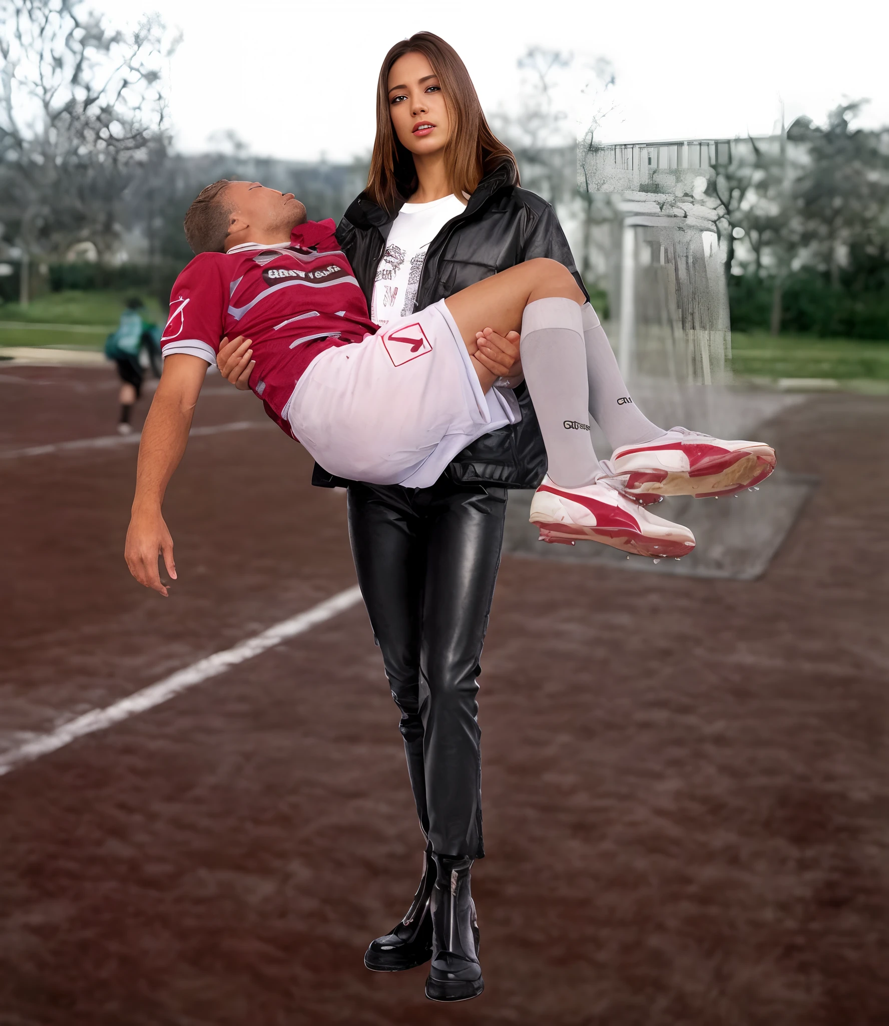 Meghan Markle, rainy weather, rainfall, humid, girl carries guy, lift and carry, an excessively madeup latino-girl in a high-shine wet black latex downcoat, a young madeup latino-girl in a shiny black vinyl downjacket, a madeup latino-girl in a shiny plastic-downcoat, a very sad and desperately crying latino-girl, an intensely madeup latino-girl in a glossy black vinyl-downcoat, latino-girl with lipstick, latino-girl with smoky eyes, dramatic action pose, woman that is carrying a skinny shorthaired man, there is a beautiful woman in a shiny coat who is carrying a shorthaired blond man in her arms, a longhaired beautiful woman in a high-shine black puffy coat, a longhaired woman in a shiny downcoat, a woman is carrying a shorthaired man who is wearing black shorts, a weak shorthaired man in black shorts is consciousless and needs to be carried, a shorthaired man with closed eyes is carried in the arms of a longhaired latino-woman, a latino-woman looks very scared and terrified, a consciousless shorthaired man with closed eyes is suffering very much and has a very painful face, photo, photo shoot, photographed, arafed man being carried by a woman on a plane, very realistic, very very realistic, hyper-realistic, hyper - realistic, hyper realistic, jacket over bare torso, very disturbing, very hyperrealistic, tom cruise torso, super realistic, hyperrealistic!, extremely realistic, very very very realistic, super-realistic