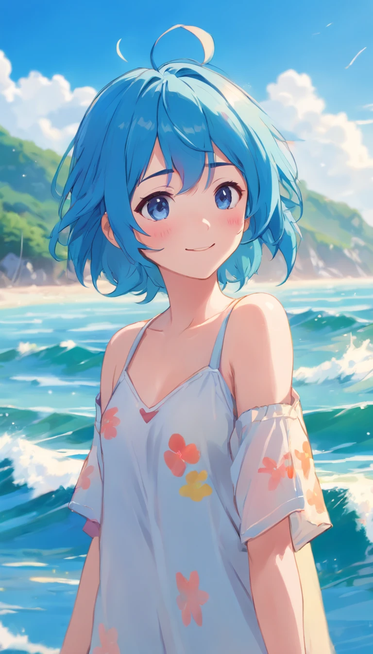 Blue hair color、length hair、Smaller face、a small nose、big eye、small ears、tiny chest、pale pink cheeks、Girl in her 20s、a smile、sea the background of、Splash、A slightly disgruntled face、