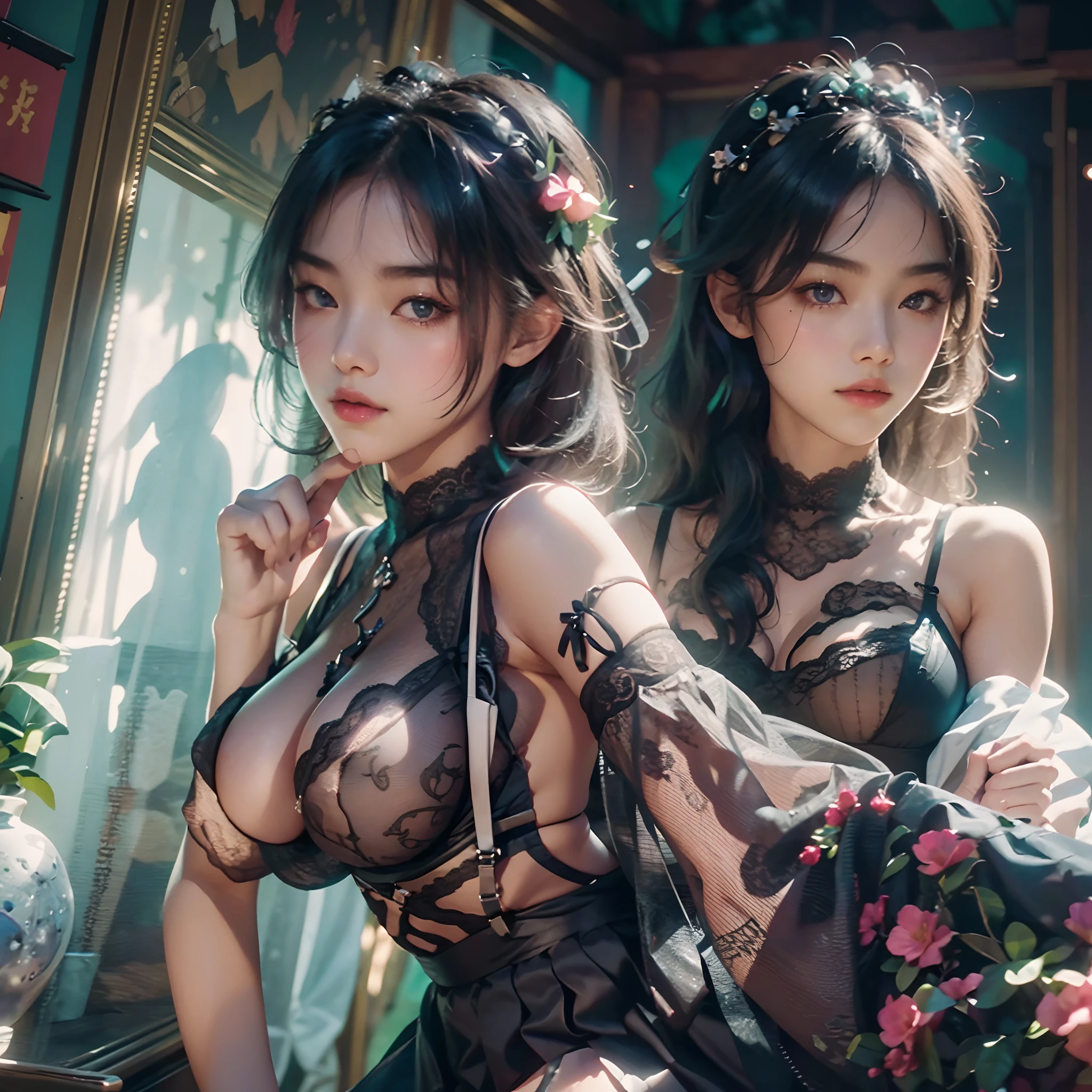 (Group photo),Two women posing for a photo,boobgasm,boobgasm,(8K, RAW photo:1.2) ,(Portrait:1.4),valentine, (Lace suspender underwear, a sultry:1.3), 耳Nipple Ring, Cinematic lighting, Best picture quality, 超高分辨率, (realisticlying:1.3), angle of view ,(Solo :1.1), 1girll, (looking at viewert), (eyeslashes:1.1), (depth of fields:1.1), lens flare glow, (Caustics:1.1),satyr,Curvy body, (Purple skirt),((smallunderboob) ),黑The eye,Black hair,(Ulzzang-6500:1.2),(evening formal robes),full bodyesbian,