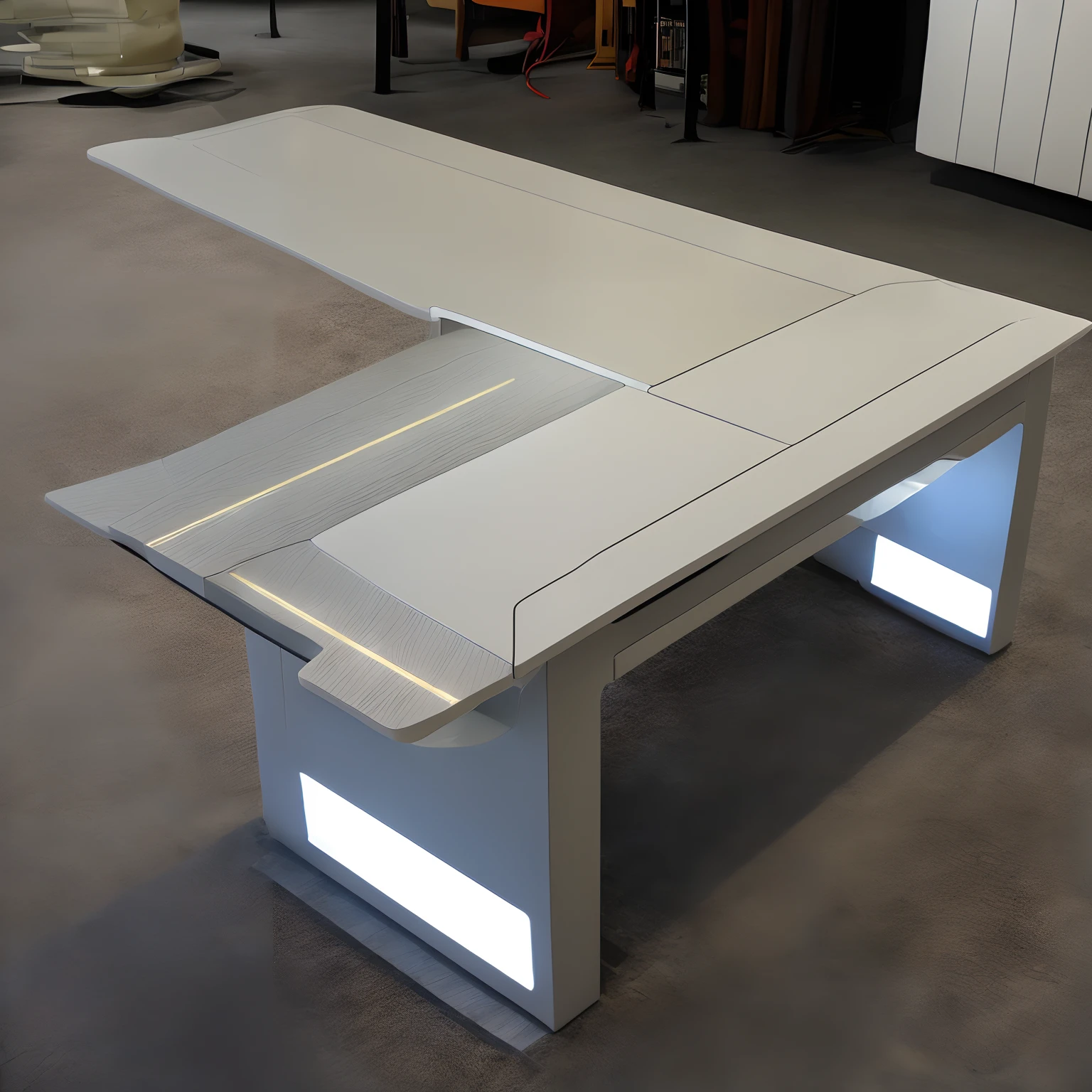 There is a white table with a white top and a white table with a white top, Large desk, Schreibtisch, White table, schreibtische, rectangular table in white porcelain, Spieltisch, Minimalistischer Schreibtisch, Office furniture, Tisch, Tabelle ist zentriert, Tabellen, with retro sci-fi furniture, Full motif in the photo, fullbody view. white plastic, Mehrere Schreibtische led gaming PC Tisch 3d tapete