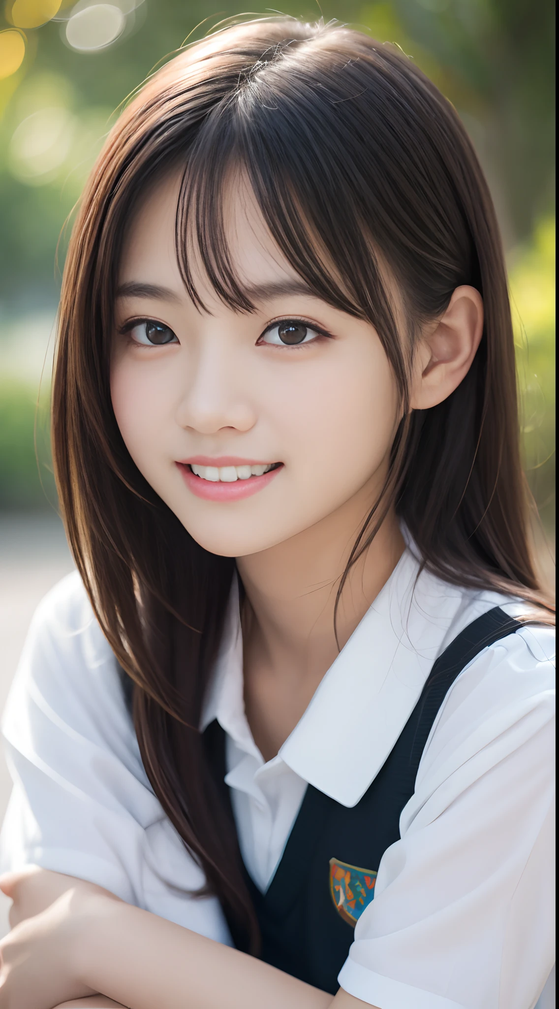 Masterpiece, highest quality, 8k, , Japanese girl, raw photo, absurdity, award-winning portrait, smile, smile, solo, school uniform, summer clothes, idol face, violasses, gardenia, delicate Girl, long black hair, dark eyes, upper body, DSLR, looking at viewer, candid, sophisticated, youthful, thin arms, professional lighting, film grain, chromatic aberration, (eye and face details: 1.0), (bokeh Taste:1.1)