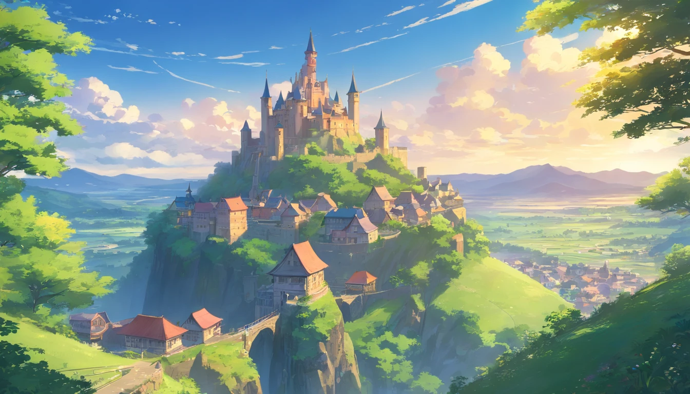 Generate a magnificent and expansive digital panorama that unveils the entirety of a lost kingdom. At the heart of this kingdom stands a grand castle, constructed from weathered stones and perched atop a rocky hill. The castle should be the central focal point of the scene, radiating both strength and history.

Surrounding the castle, create a cluster of small, humble houses, forming a village that once thrived in the kingdom. These houses should exhibit the wear and tear of time, with overgrown gardens and broken windows, but they still bear traces of past life.

The kingdom's landscape should be lush and overgrown, with nature reclaiming the land. The kingdom should be nestled among rolling hills and dense forests, with a tranquil river winding through the scene.

Above, the sky should be filled with dramatic clouds that hint at the passage of time and the kingdom's faded glory. The lighting should be both evocative and moody, casting shadows that enhance the beauty of the kingdom's architecture.

The overall composition should capture the grandeur of the castle and the charm of the village within the kingdom, inviting viewers to contemplate the mysteries and stories hidden within this lost realm