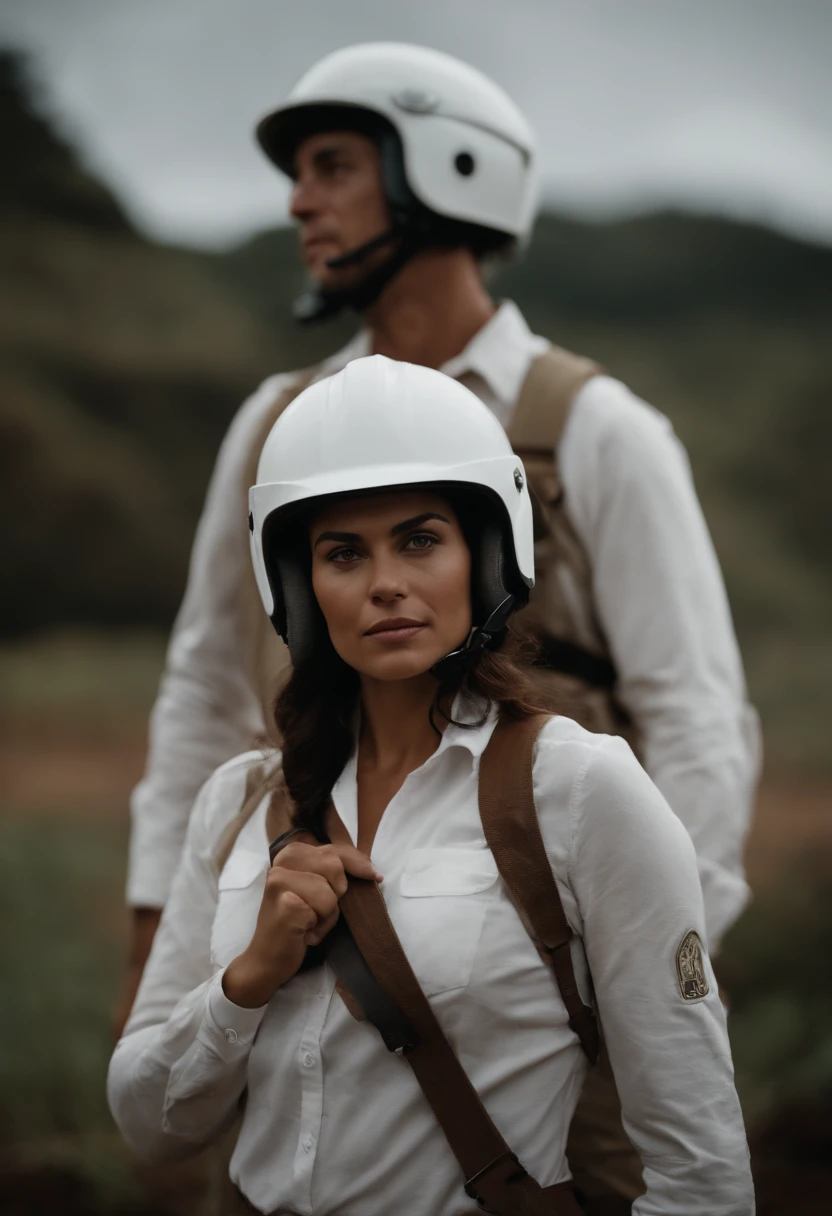 joana, Ebgenheira wearing white helmet and John , brasilieros, olhando para o horzionte empoderados