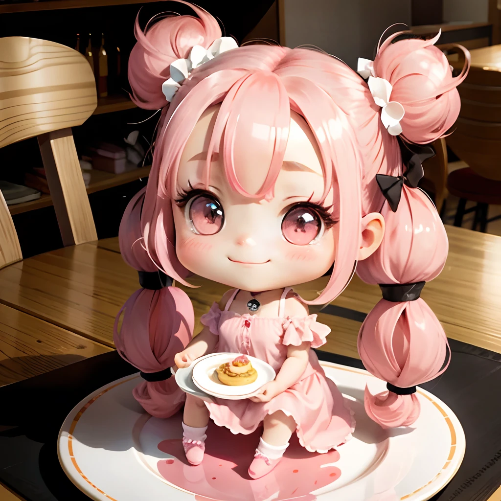 Cute chibi anime sitting on a plate, long pink hair with twin tails、Wear a hot pink mini dress, Smiling, Logo is cheap