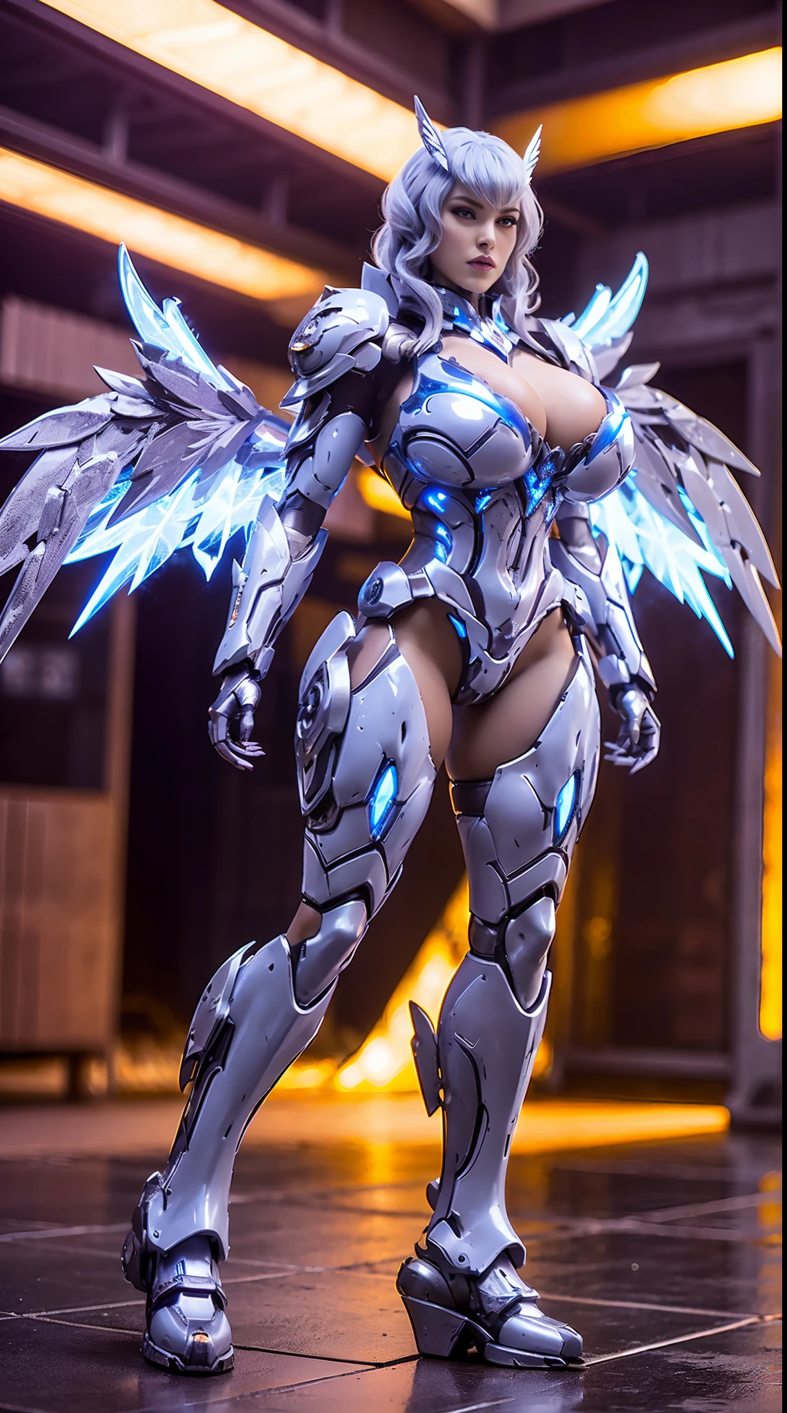 HUGE BOOBS, ICE PHOENIX, MECHA ARMOR FULL SUIT, (CLEAVAGE), (A PAIR LARGEST WINGS), TRANSPARANT, TALL LEGS, STANDING, SEXY BODY, MUSCLE ABS.