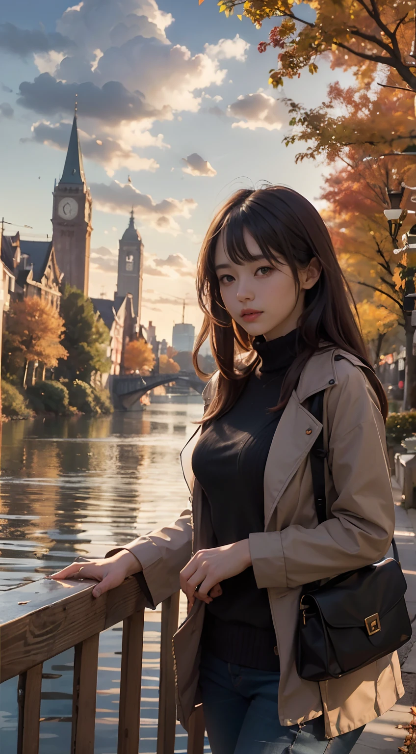 Create captivating autumn depictions, autumnal,eventide,riverbank,Scenic beauty,A young woman stands by the river,s the perfect face,With melancholy,A place where nature and technology live in harmony,Let this artwork transport the viewer to another world, Old and new intertwined,Form captivating photos of nostalgia and innovation.