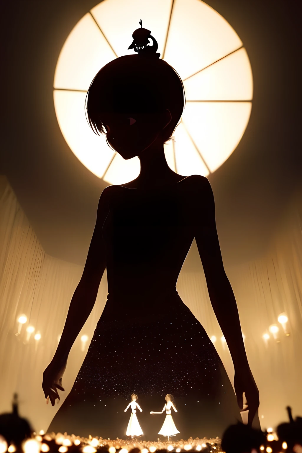 (a very delicate and beautiful)、a very delicate and beautiful、(silhuette)、singers、shorth hair、Stage Background、Black figure、dark backgrounds、skinny body、scary atmosphere、