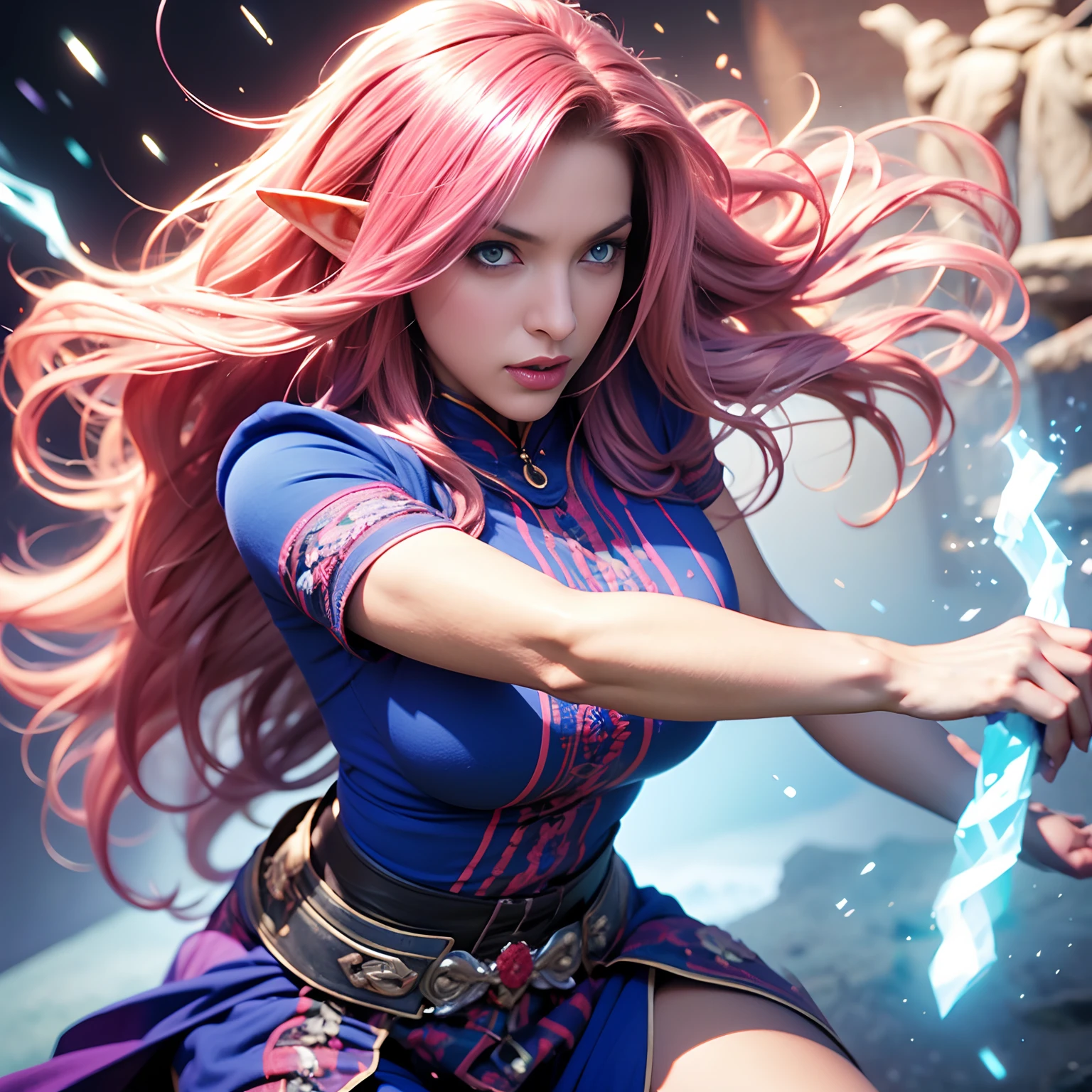 A woman, long curly hair, pink hair, blue eyes, elf, combat stance, fight, magic, combat